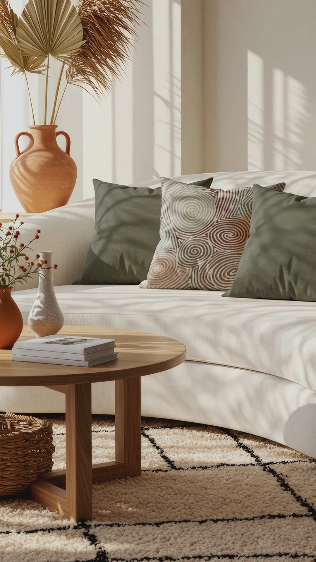 Modern boho living room with white sofa, green and spiral-pattern Buffalo Bunny pillows, terracotta vase, round wooden table, and neutral textured rug.