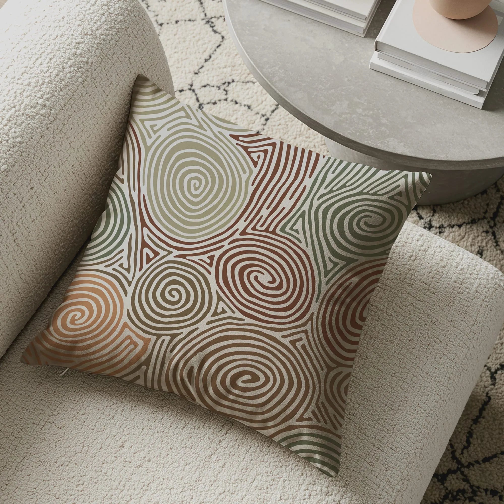 Throw pillow with abstract spiral pattern in earthy tones of green, brown, and beige on textured neutral sofa.