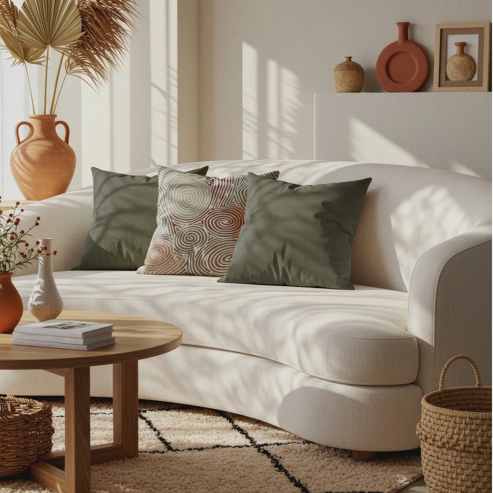 Abstract spiral throw pillow in earthy tones paired with solid olive green pillows on curved white sofa in sunlit boho living room.