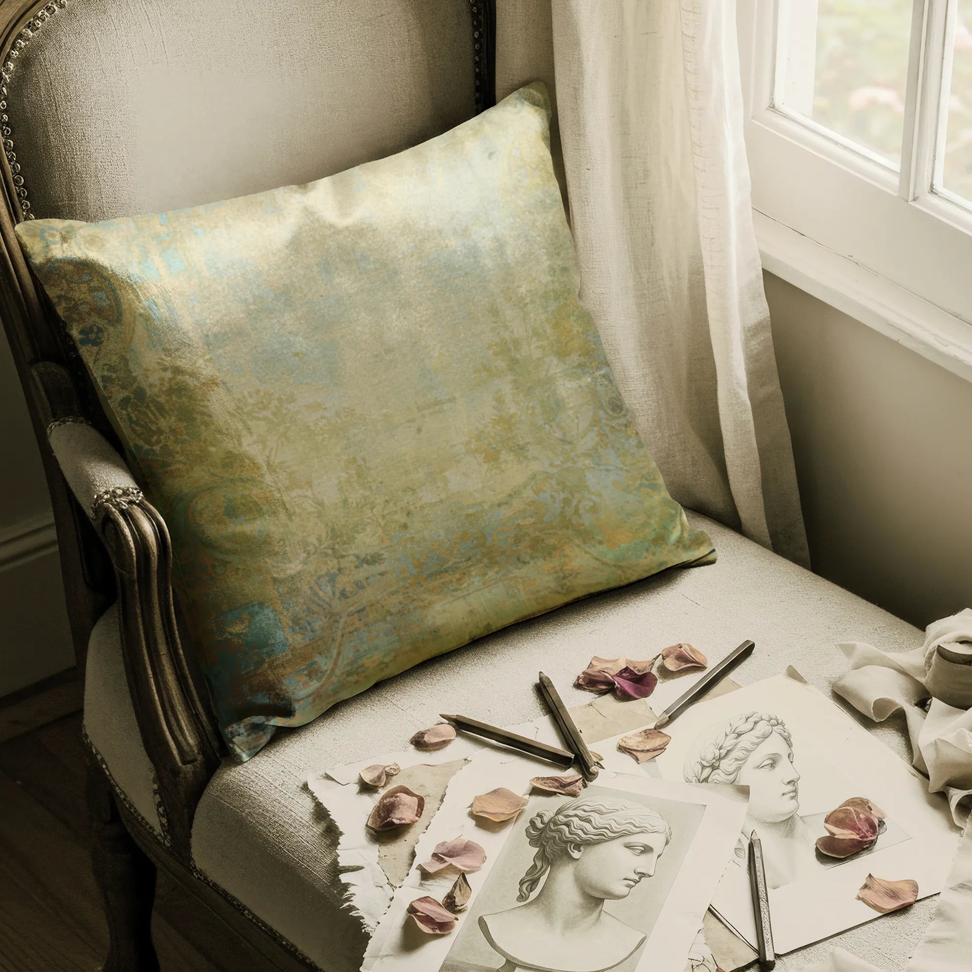Decorative pillow by Buffalo Bunny on a chair with artistic elements and flowers.