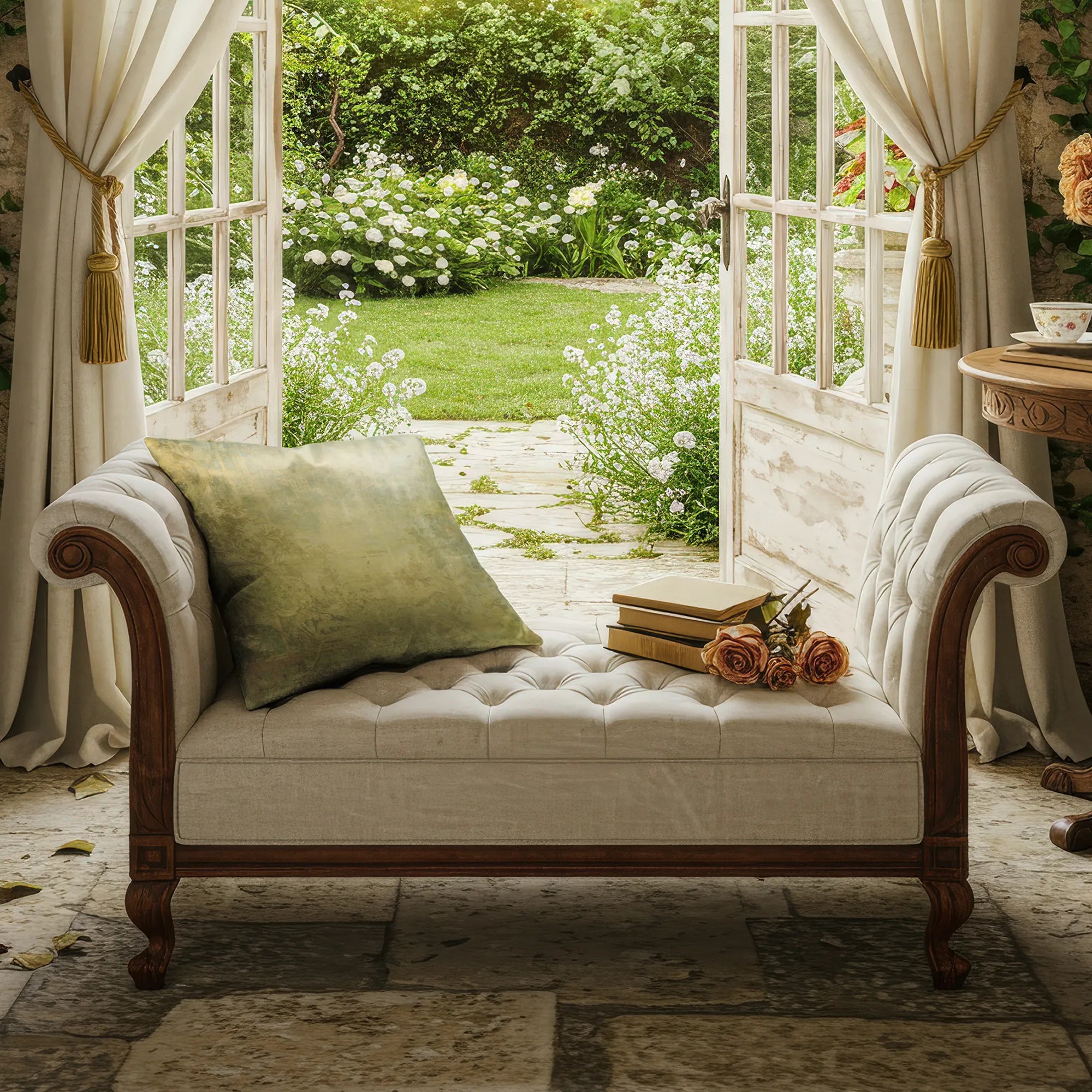White upholstered bench with a throw pillow by Buffalo Bunny in a sunlit room with garden view