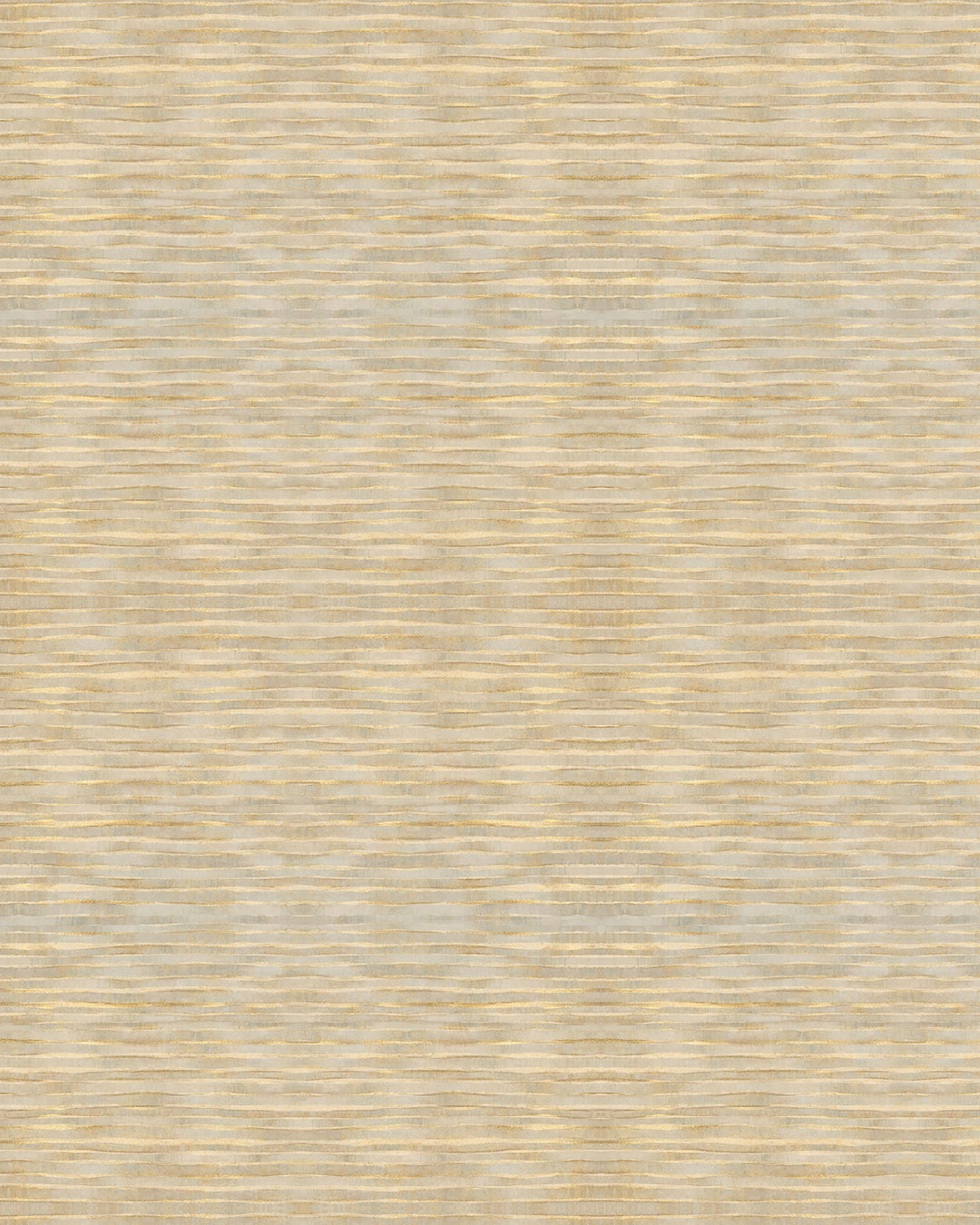 Gilded Current wallpaper: fine horizontal wavy stripes in soft gold and pale sage grey