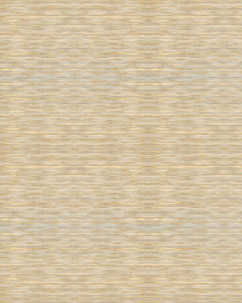 Gilded Current wallpaper: fine horizontal wavy stripes in soft gold and pale sage grey