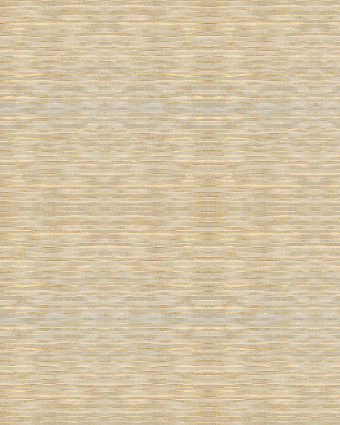 Gilded Current wallpaper: fine horizontal wavy stripes in soft gold and pale sage grey