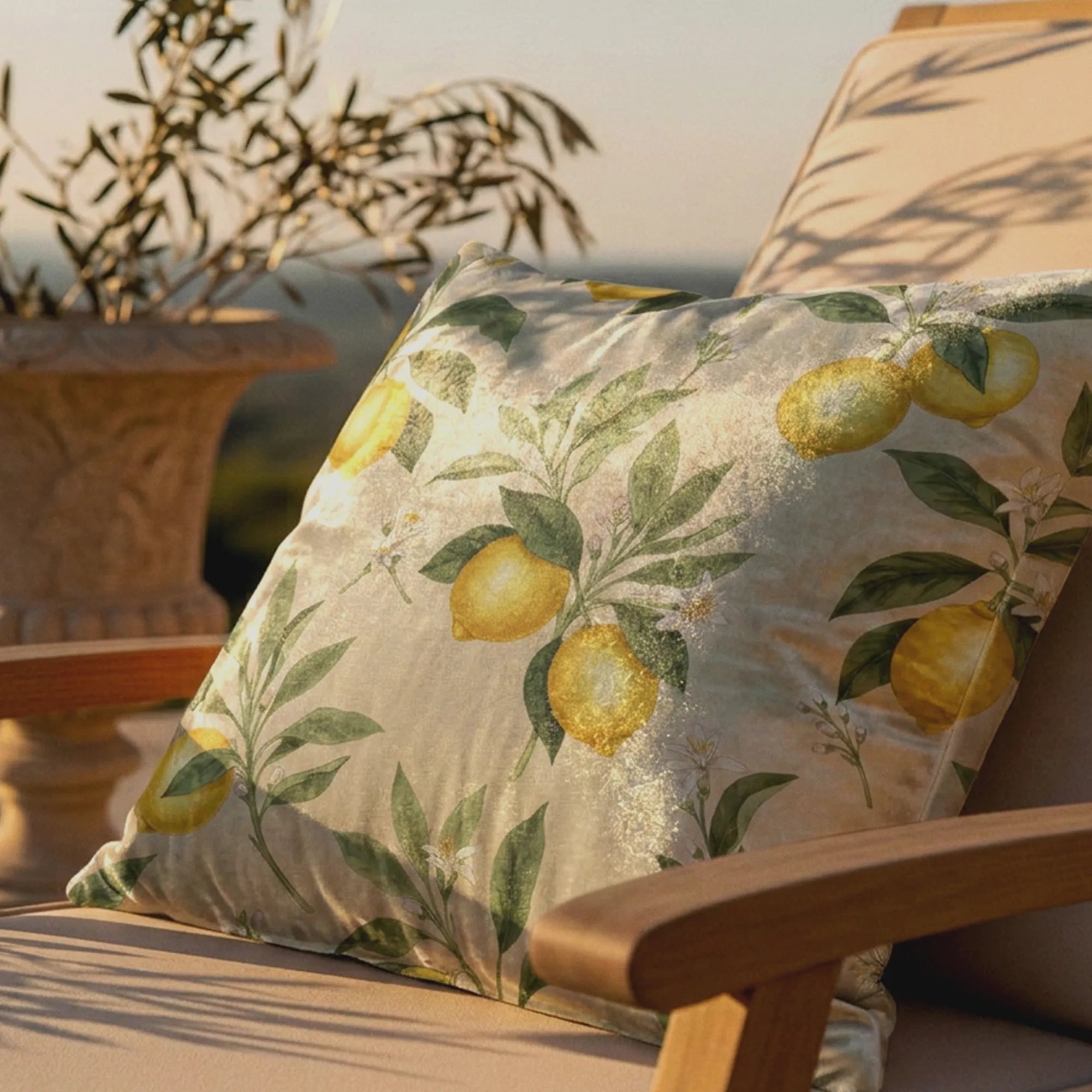 Lemon Grove Blossom throw pillow on a teak lounge chair at golden-hour sunset