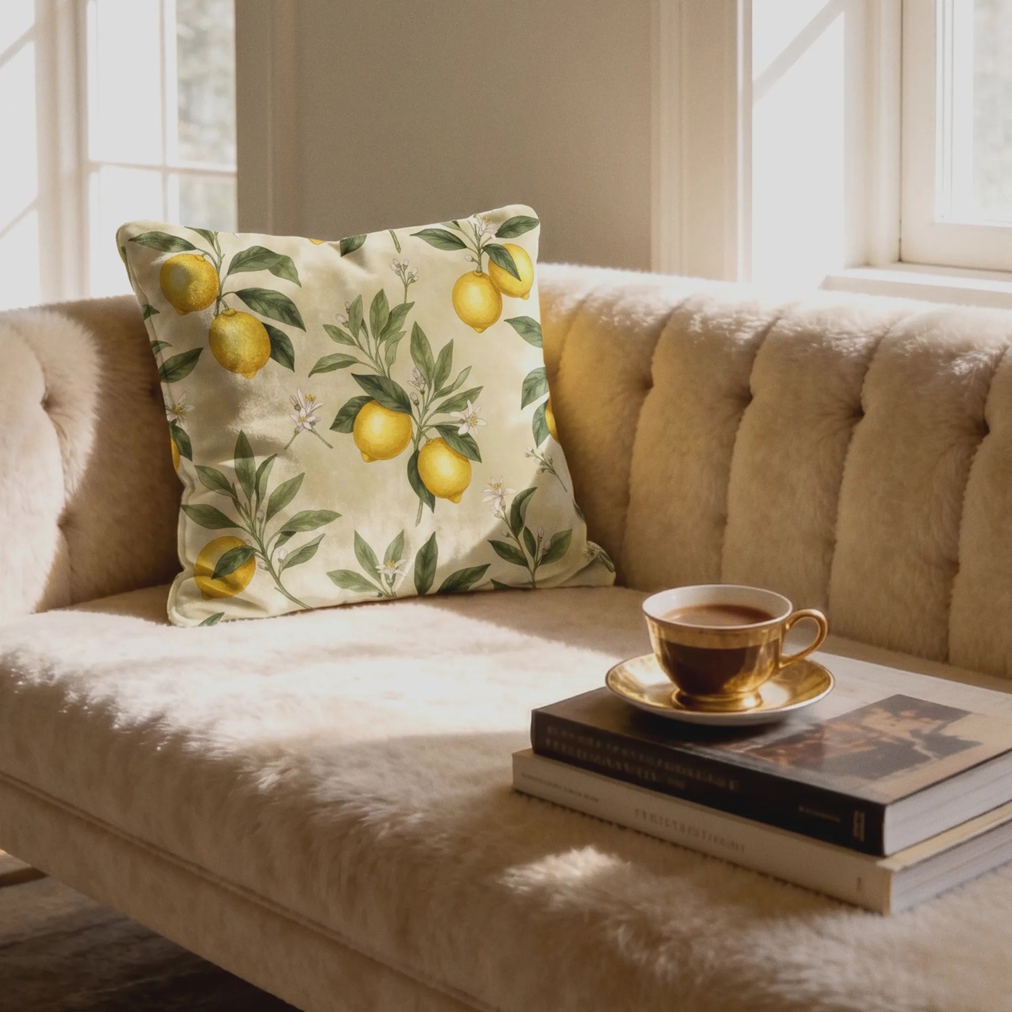 Lemon Grove Blossom throw pillow on a cream tufted sofa beside stacked books and a gold teacup