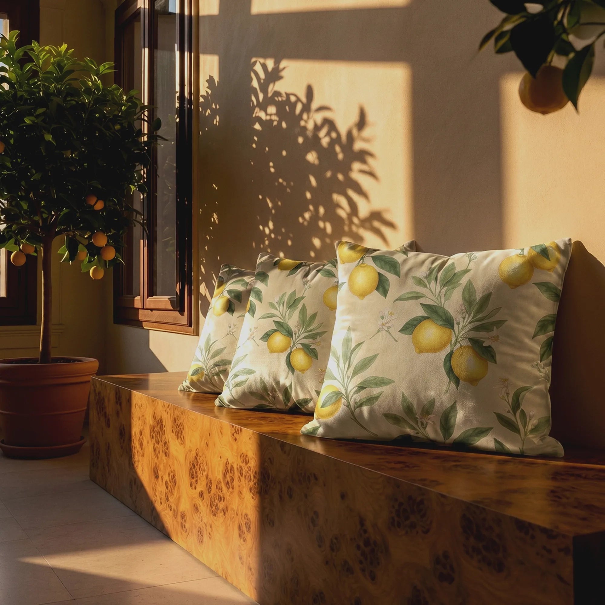 Three Lemon Grove Blossom pillows lined on a burl-wood bench beside a potted citrus tree