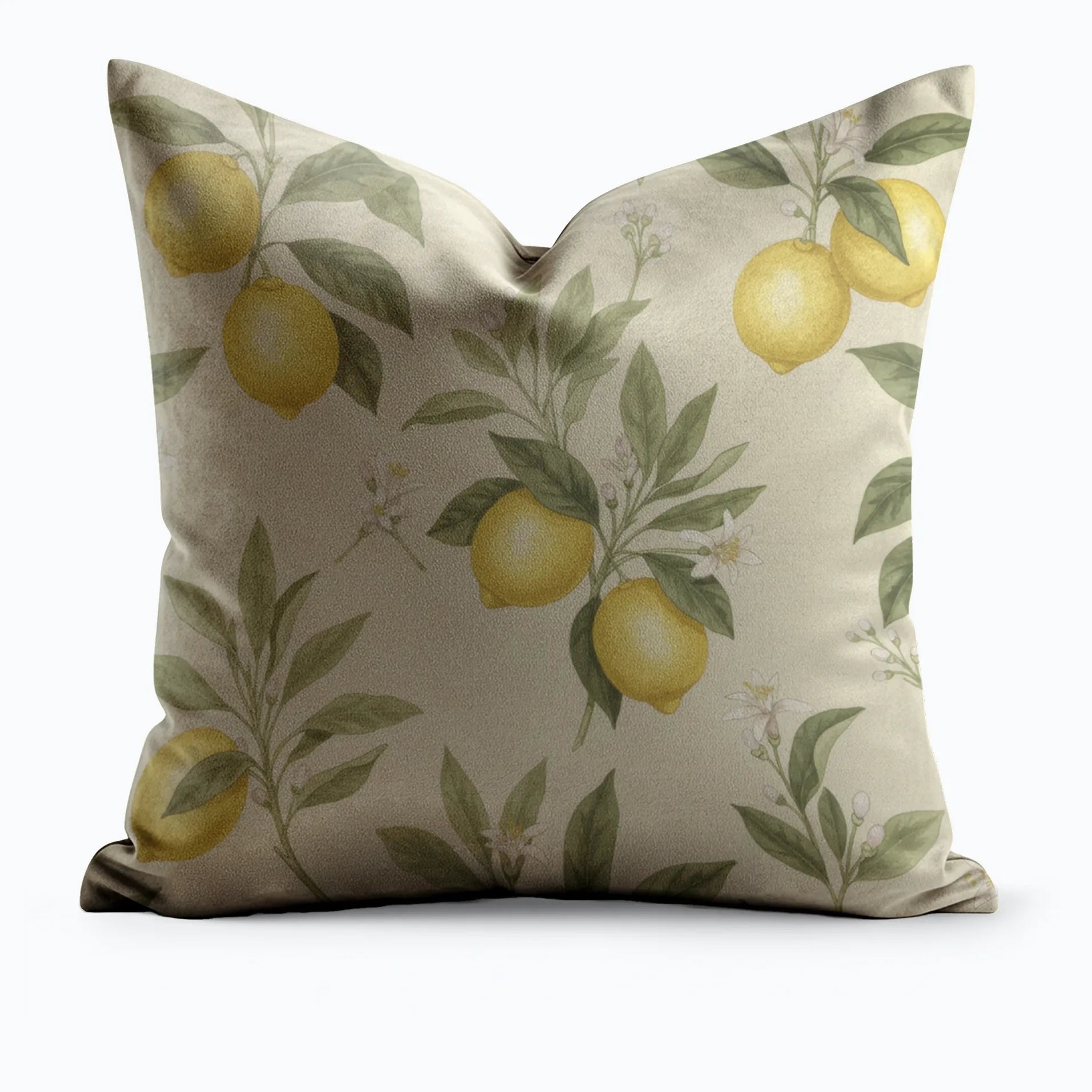 Lemon Grove Blossom throw pillow on white background showing scattered lemon branches on warm beige