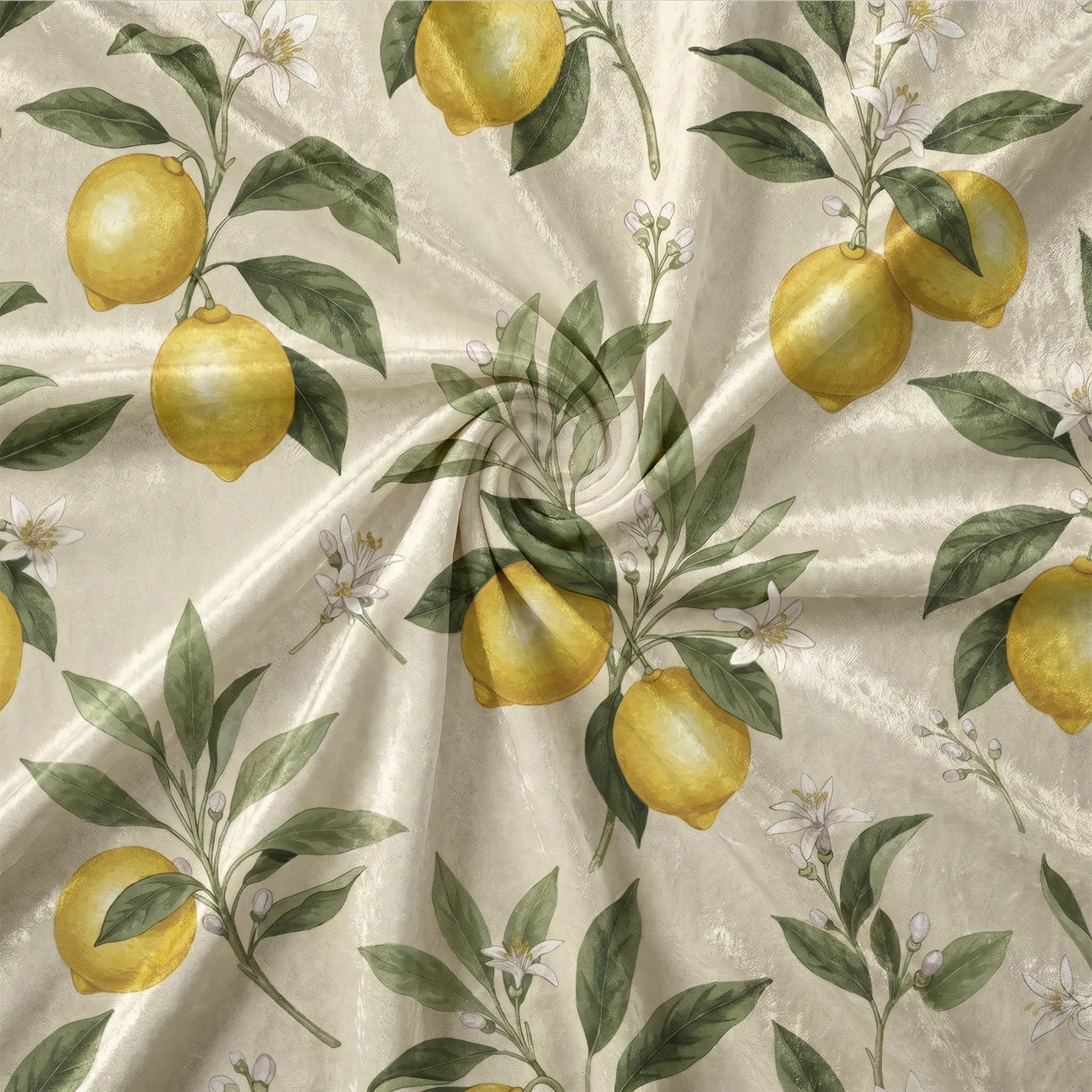 Lemon Grove Blossom seamless pattern—large yellow lemons with green leaves and white citrus blossoms on ivory