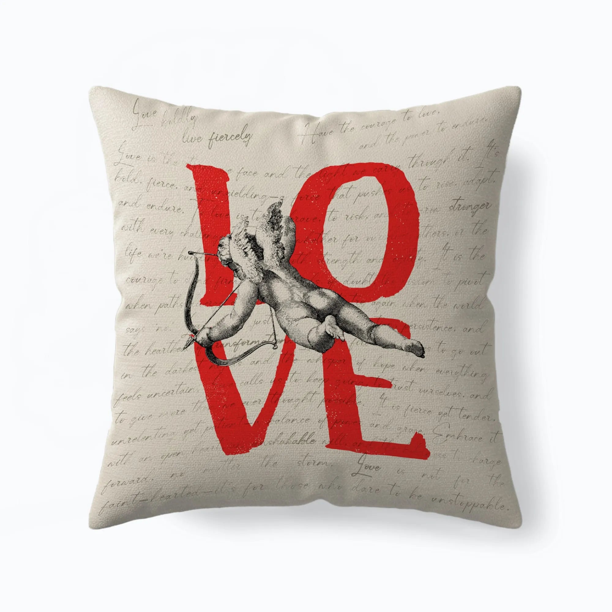 Beige throw pillow with bold red “LOVE” text, vintage cherub illustration, and subtle handwritten script background.