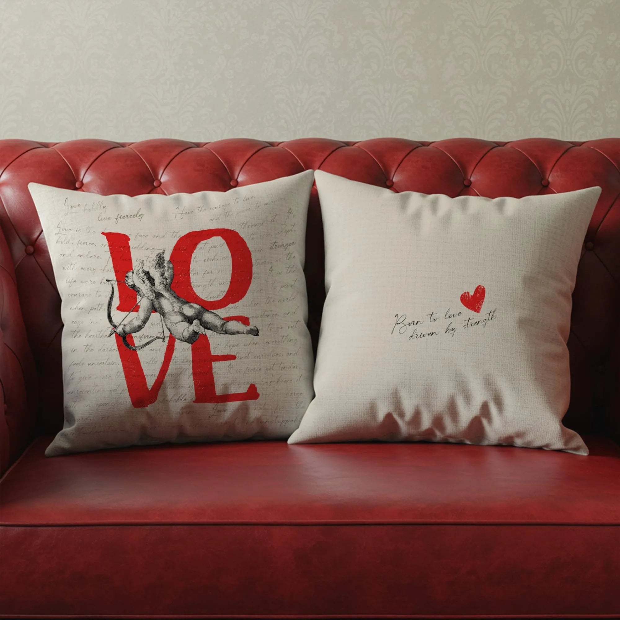 Romantic throw pillows featuring red “LOVE” text with cherub and handwritten script, and minimalist heart with “Born to love driven by thought” quote.