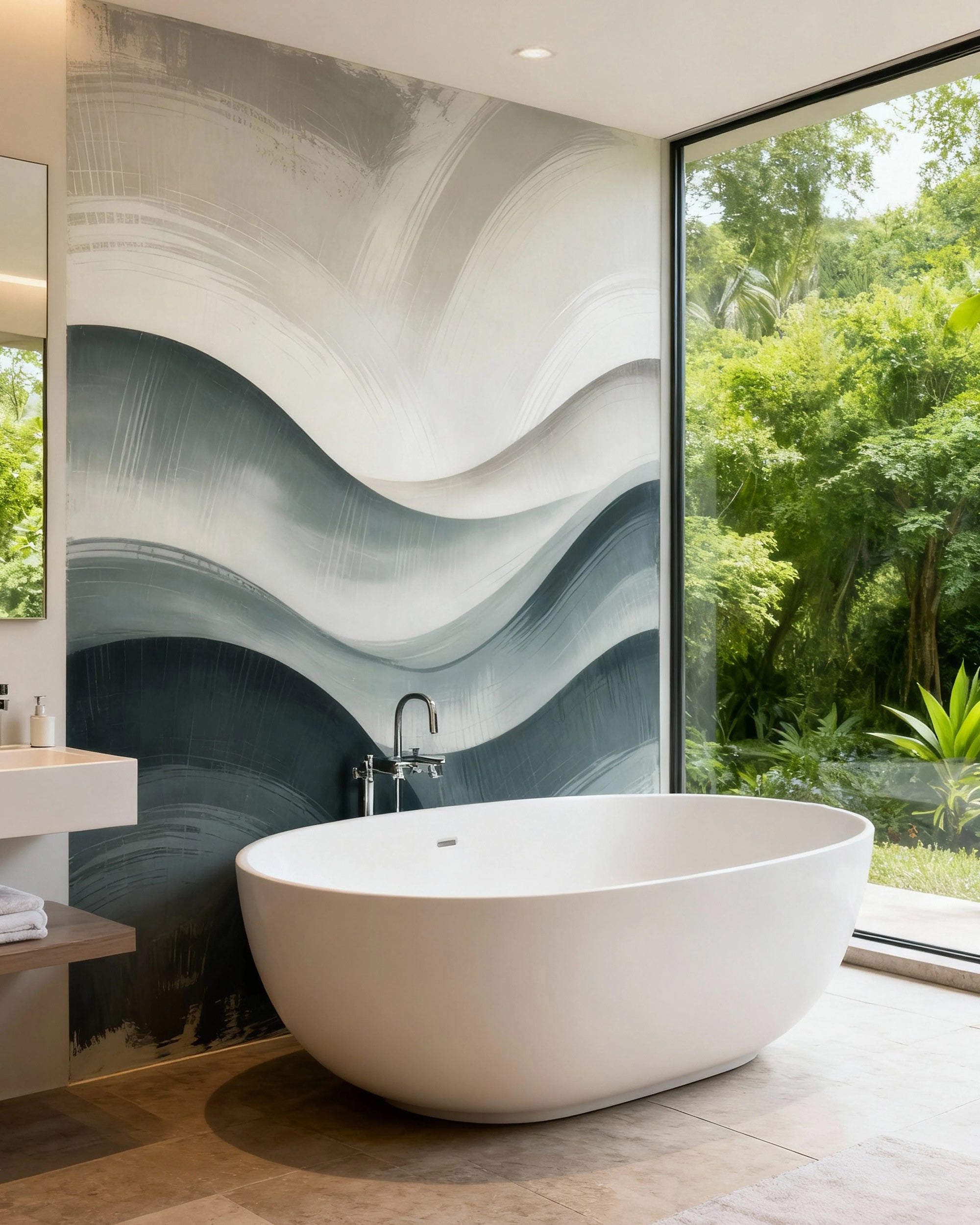 Modern bathroom with a freestanding bathtub, abstract wall art by Buffalo Bunny, and large windows.