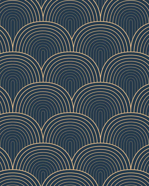 Patterned wallpaper with gold arches on a dark blue background by Buffalo Bunny.