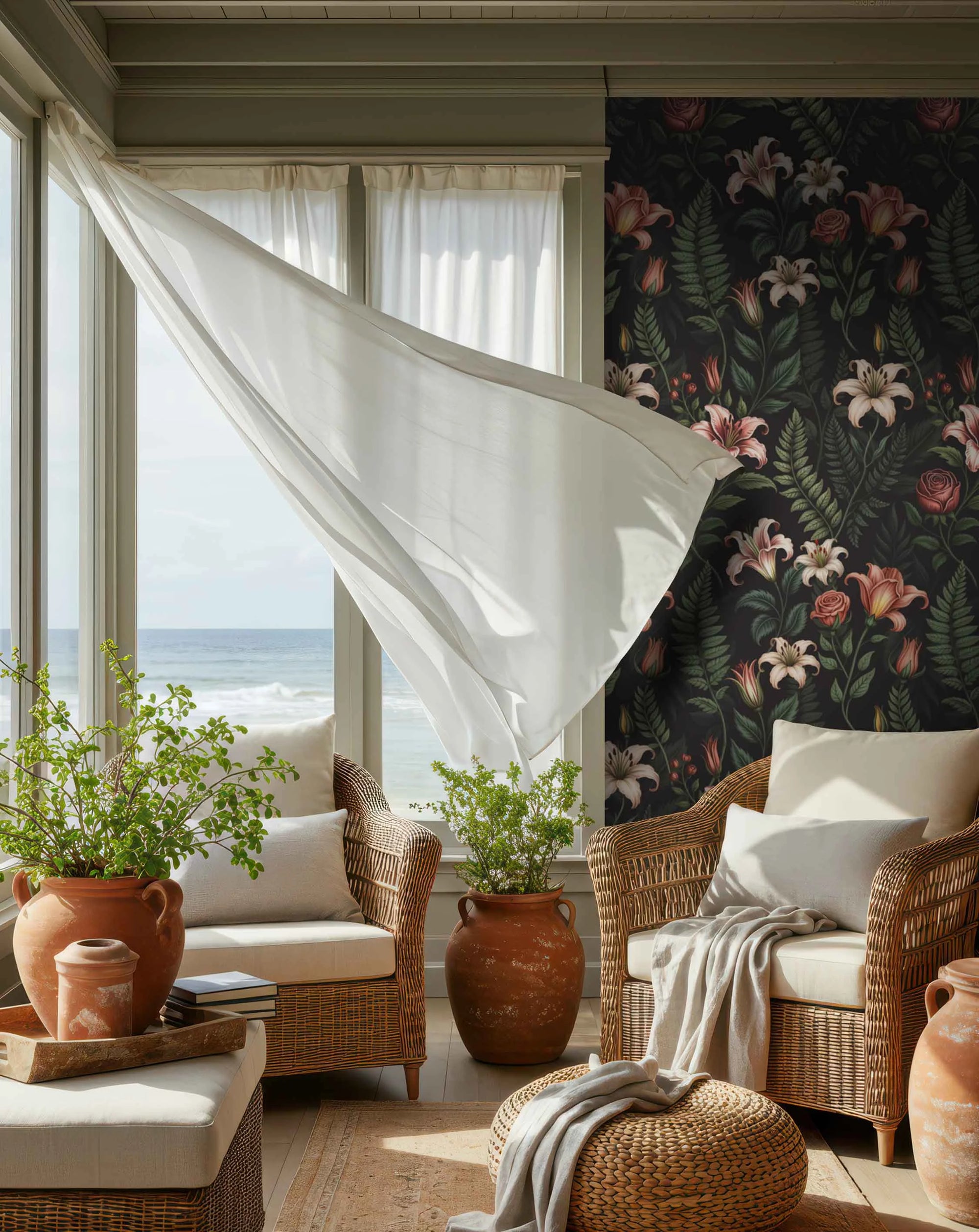 Cozy living room with wicker furniture, plants, and a floral pattern wallpaper with pink lilies, roses, green leaves on a dark background