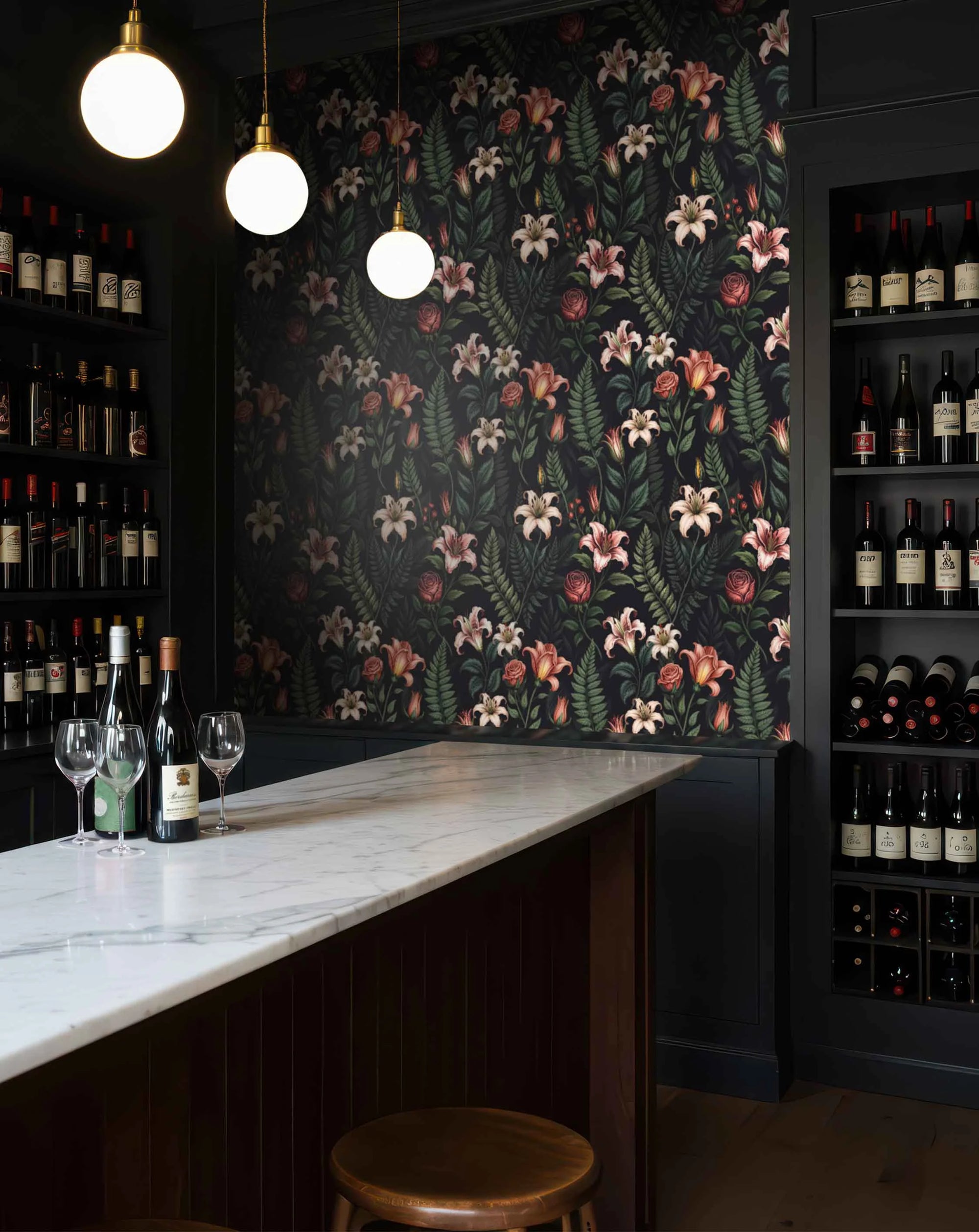 Wine cellar with floral pattern wallpaper with pink lilies, roses, green leaves on a dark background