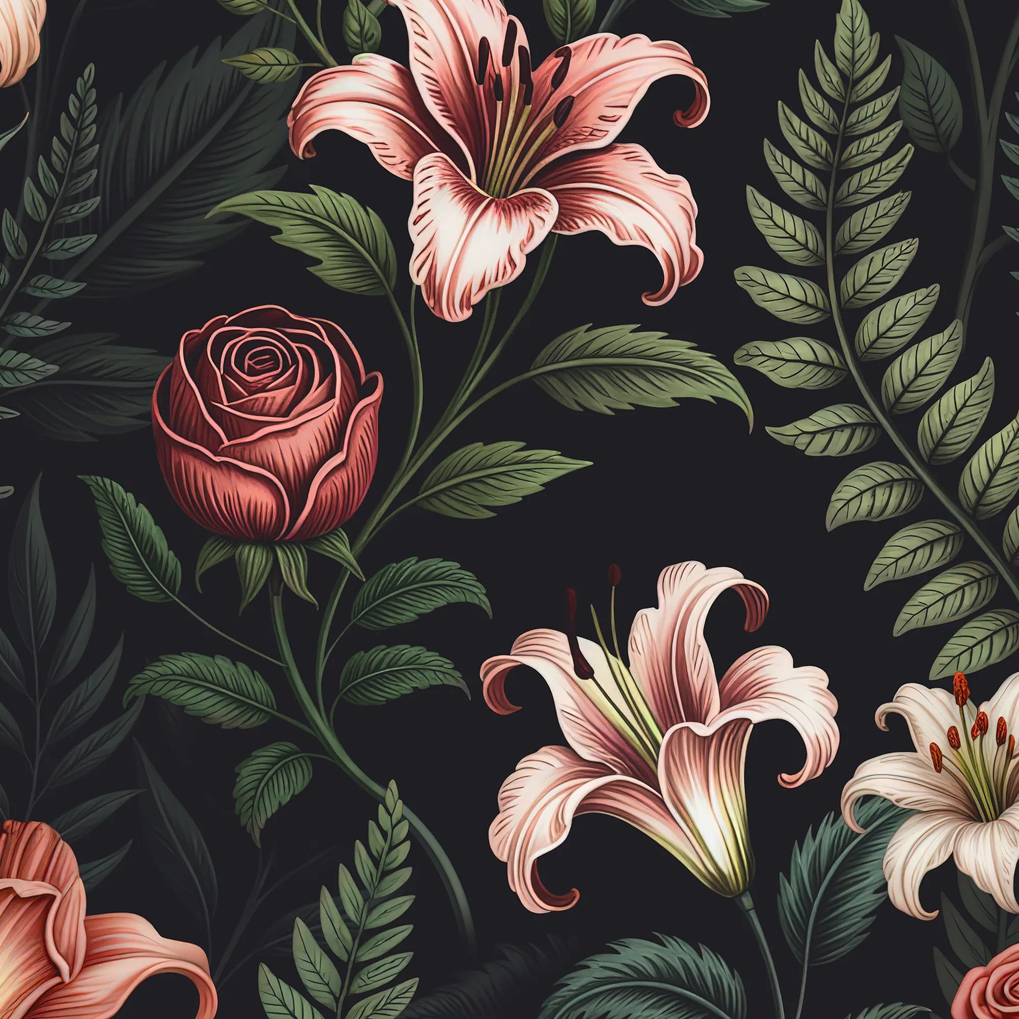 Floral pattern with pink lilies and roses on a dark background