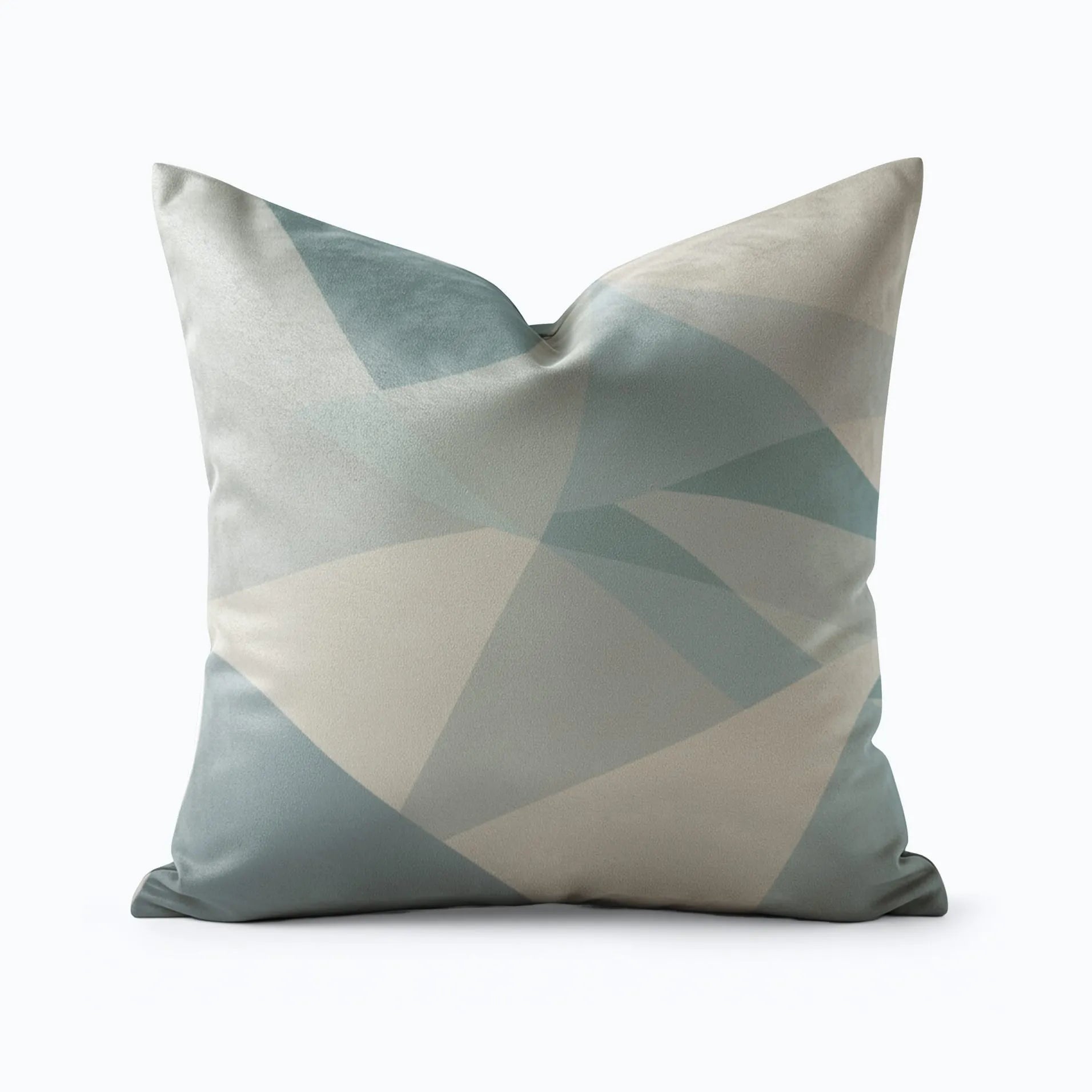 Geometric abstract Buffalo Bunny pillow in muted grey, sage, and cream tones 