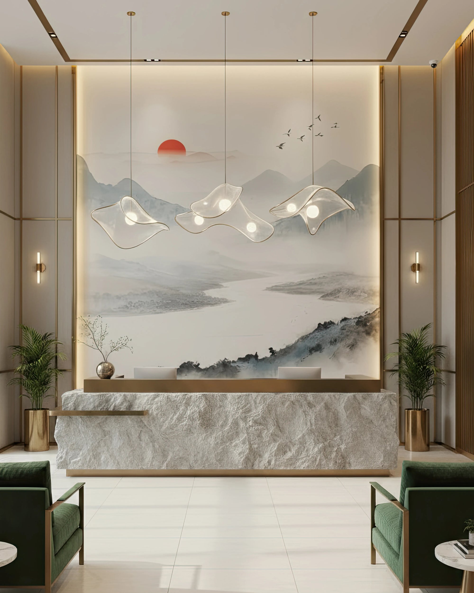 Modern interior design with a marble reception desk and wall art of mountains and a sun from Buffalo Bunny.