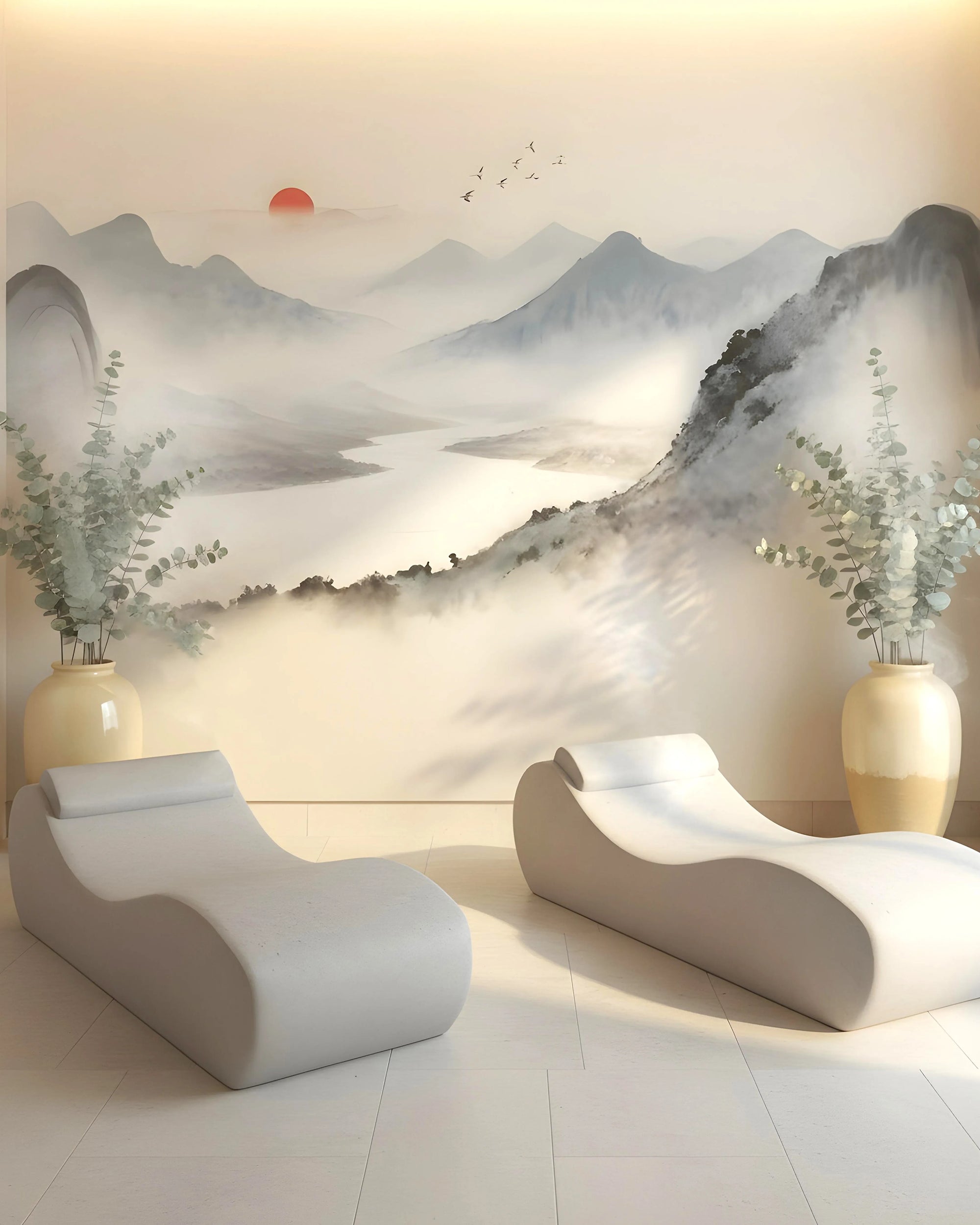 Modern interior with white lounge chairs and decorative vases in front of a scenic wall mural from Buffalo Bunny.