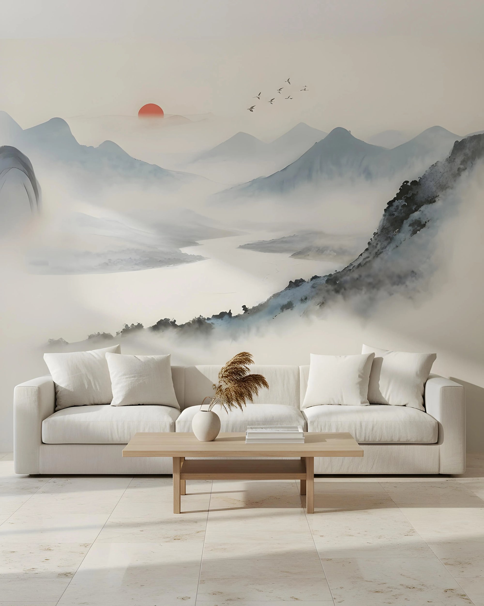 Living room with a large wall mural of a mountain landscape from Buffalo Bunny.