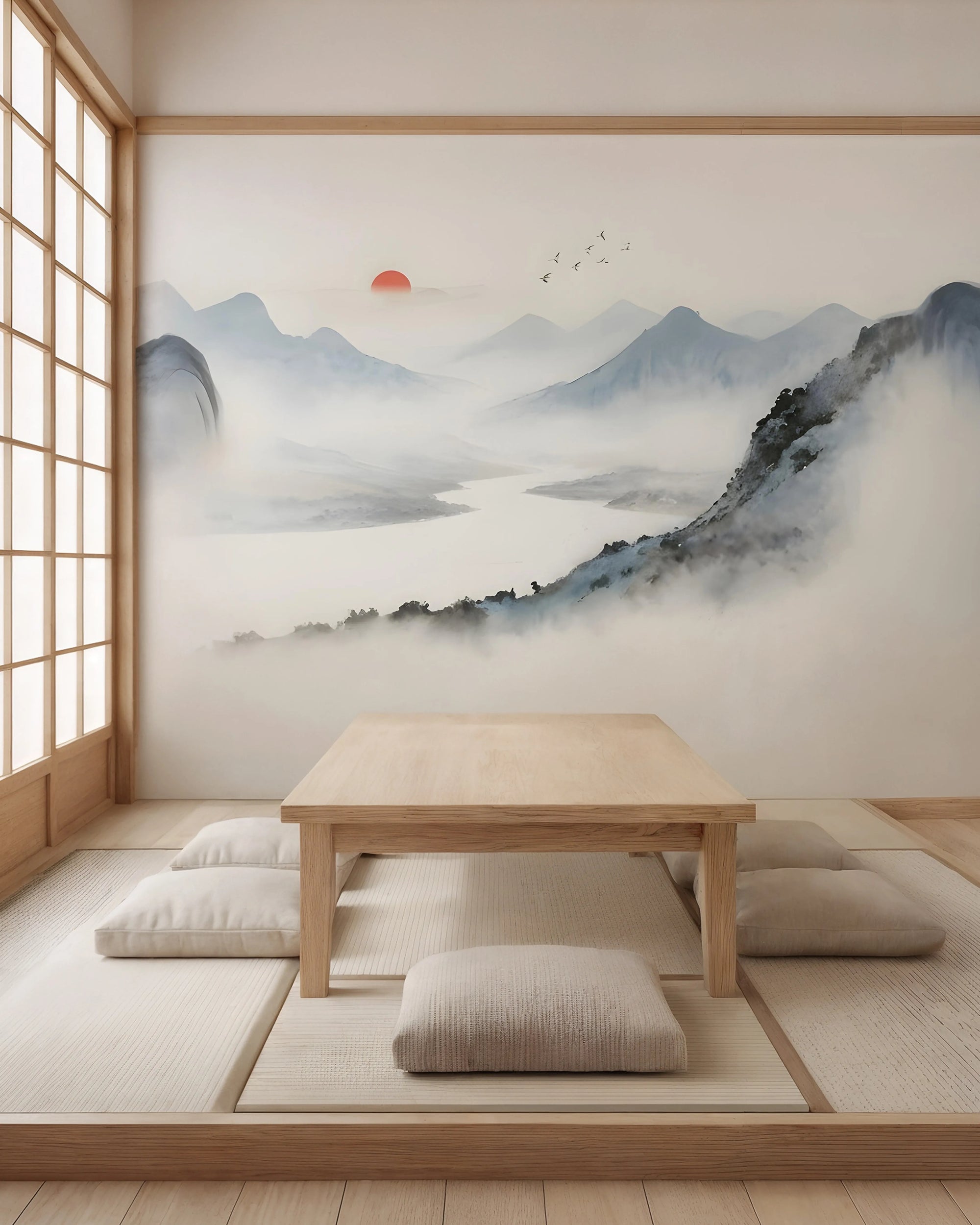 Japanese-style room with a wooden table and tatami mats, featuring a scenic wall painting  from Buffalo Bunny.