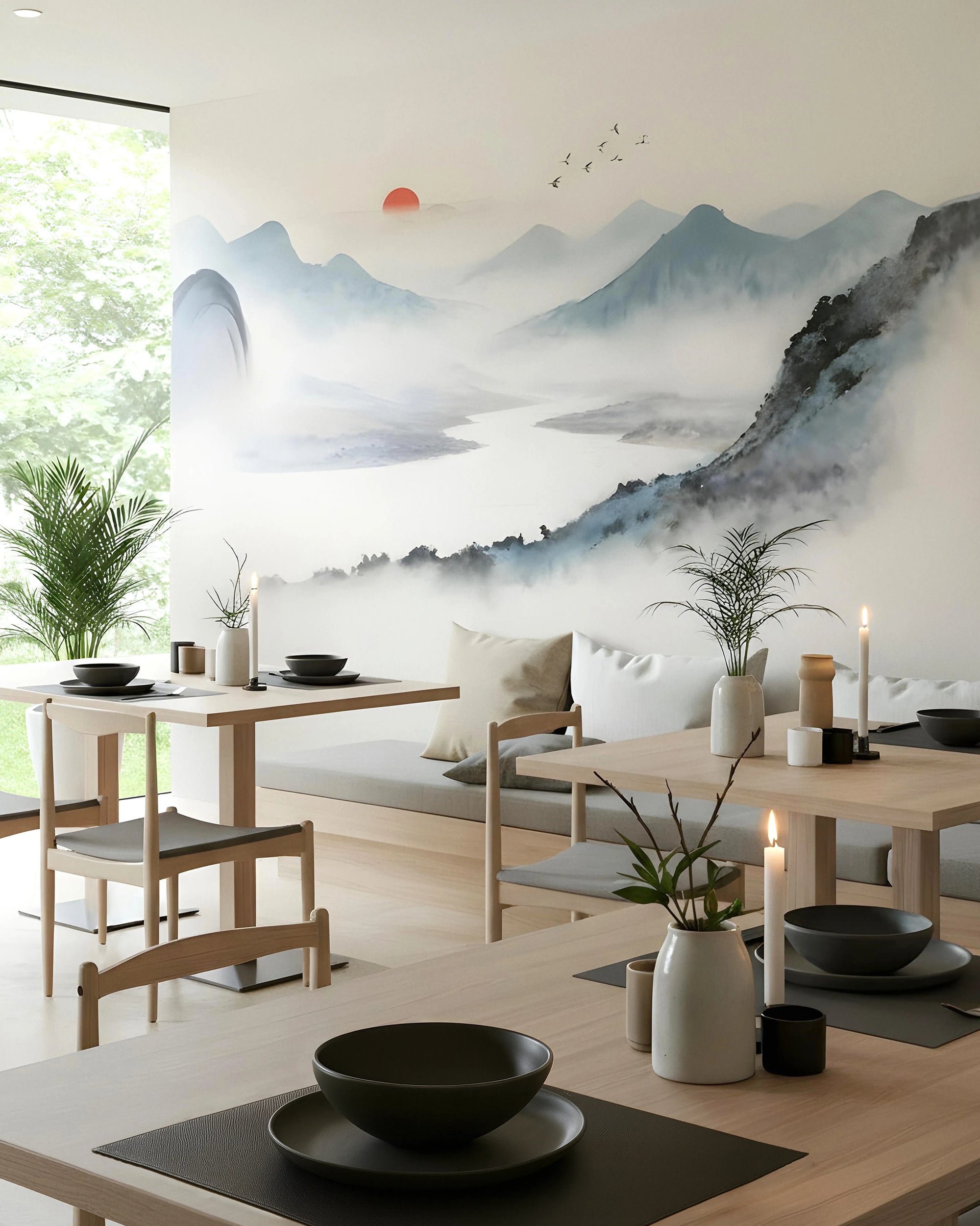 Modern dining room with a Buffalo Bunny scenic wall mural of mountains and a sunset.
