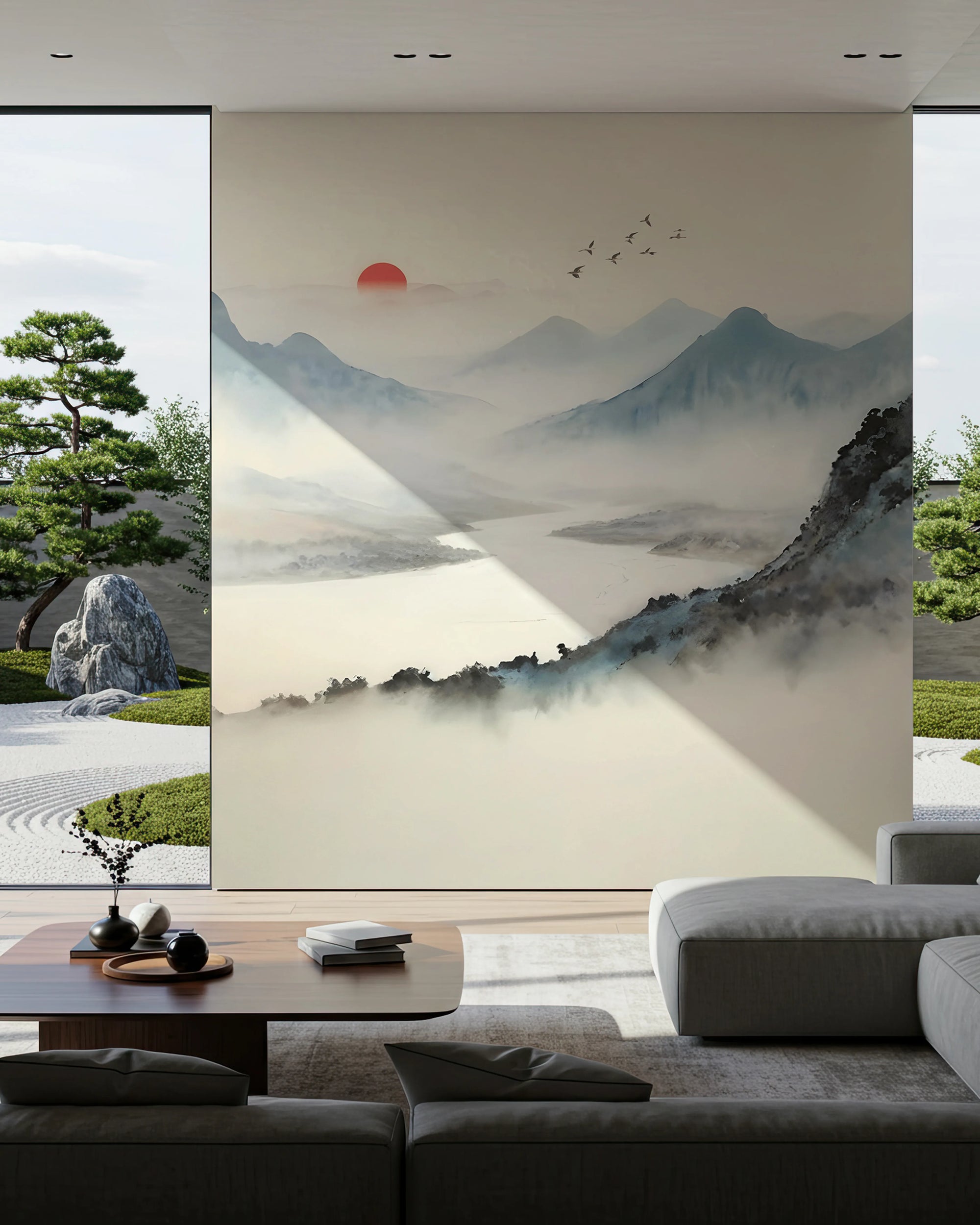 Modern living room with a large wall mural of a mountain landscape from Buffalo Bunny.