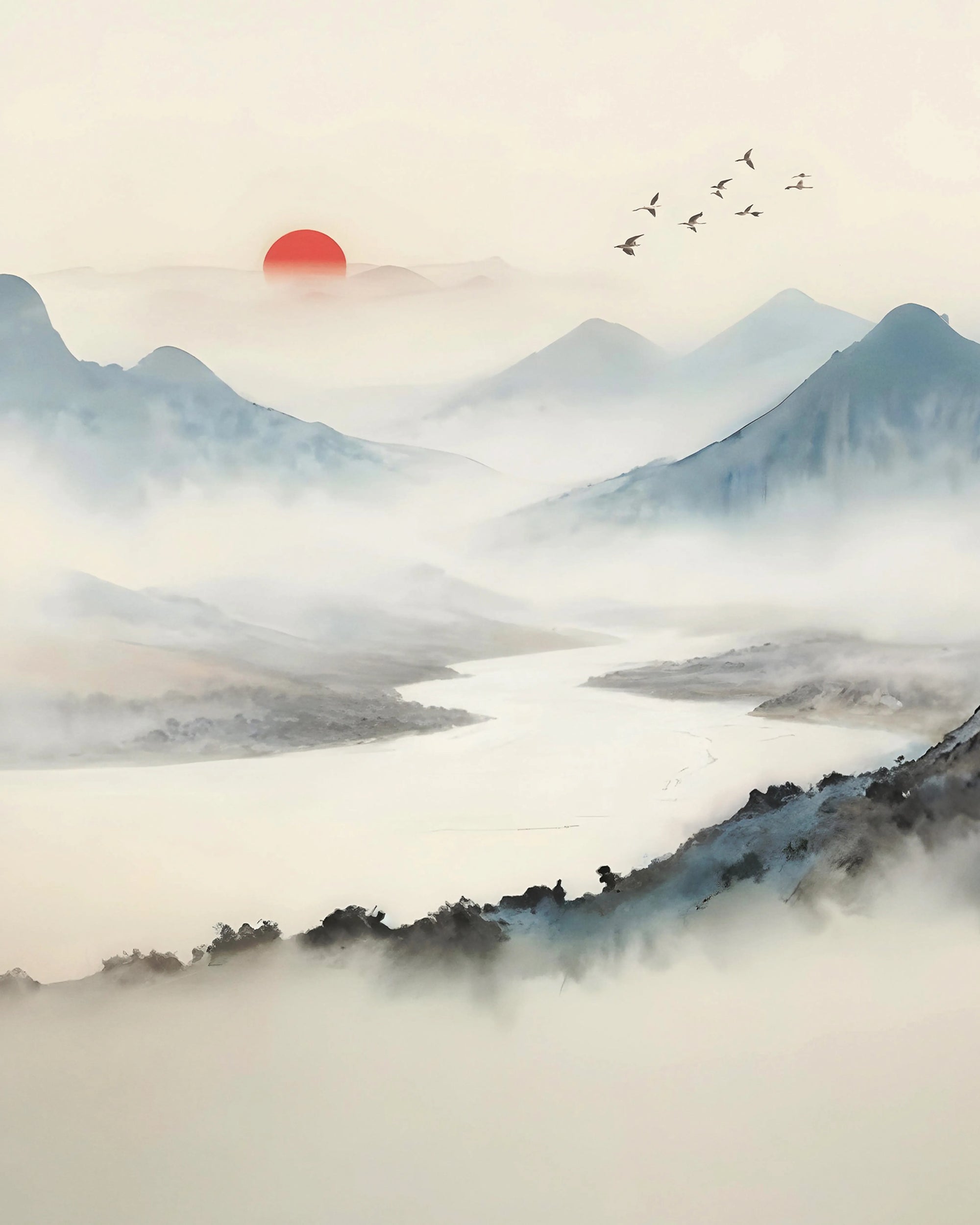 Traditional Japanese landscape painting with mountains, a river, and a red sun from Buffalo Bunny.
