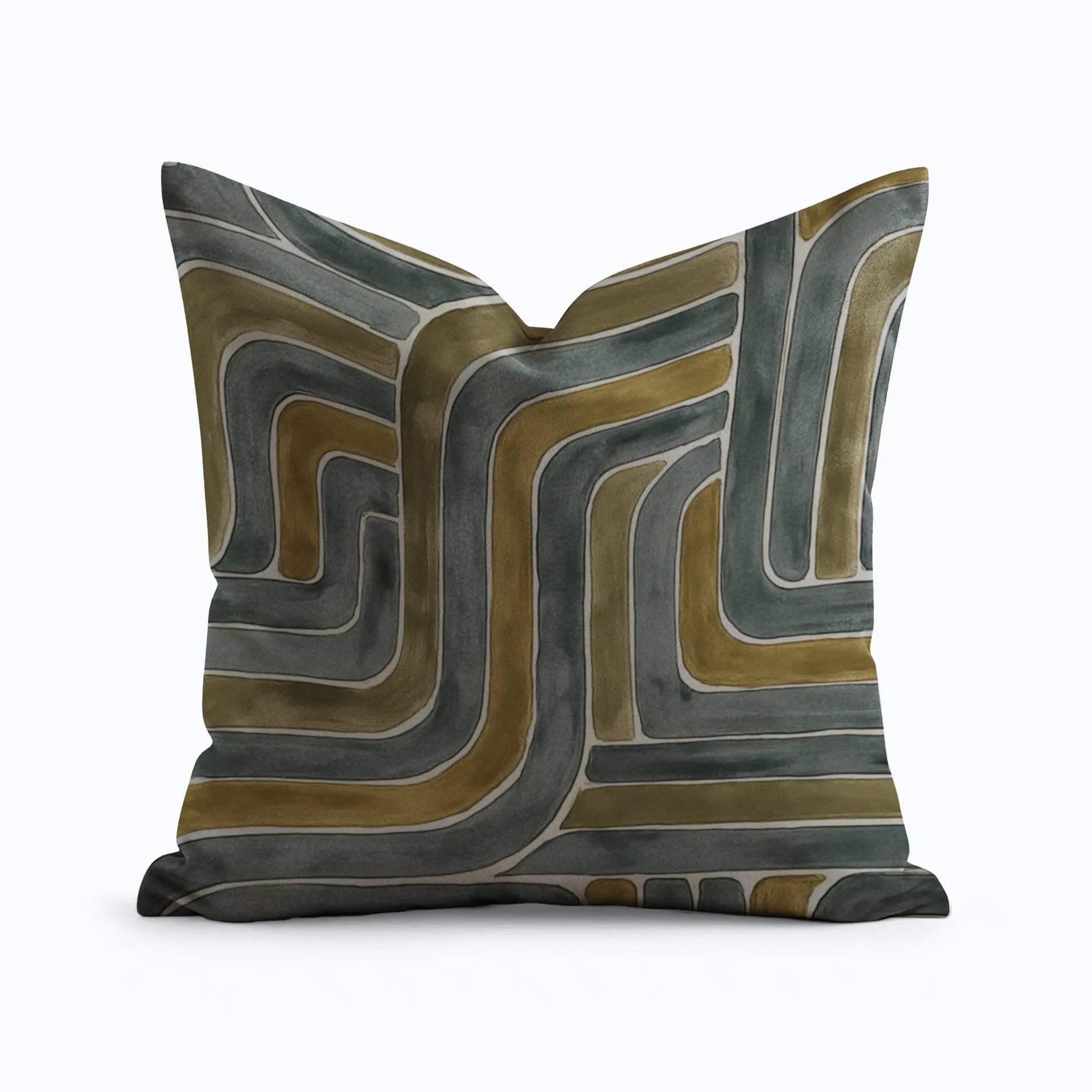 Geometric abstract Buffalo Bunny pillow in Grey, olive, and cream tones .
