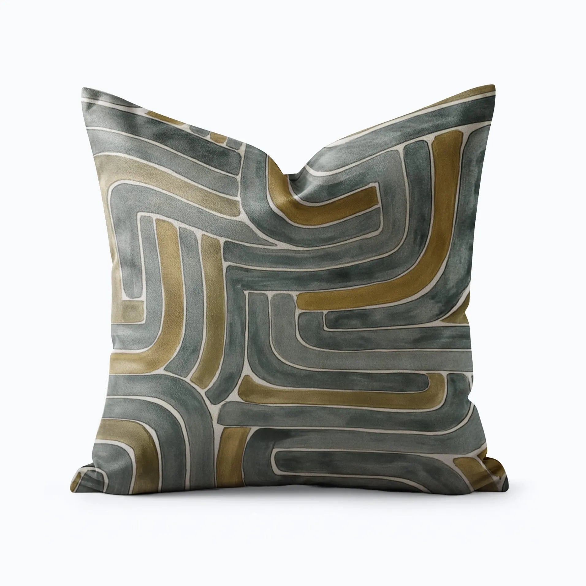 Geometric abstract Buffalo Bunny pillow in Grey, olive, and cream tones .