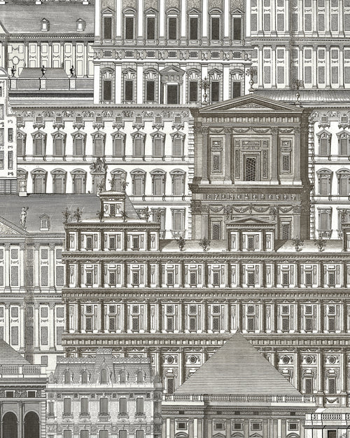 Black and white pattern of architectural facades by Buffalo Bunny.