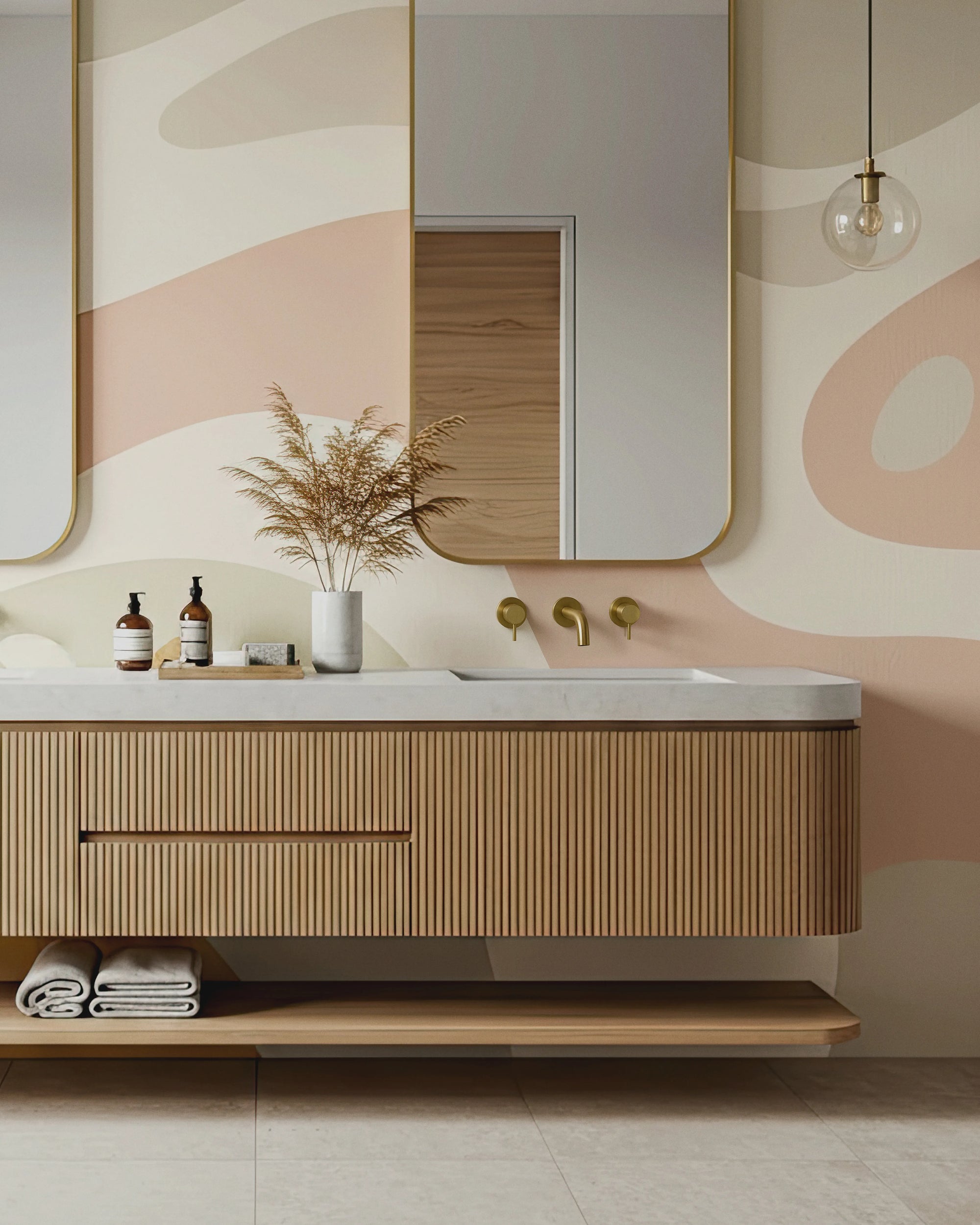 Modern bathroom with wooden vanity, sink, and decorative elements with a Buffalo Bunny wallpaper mural.