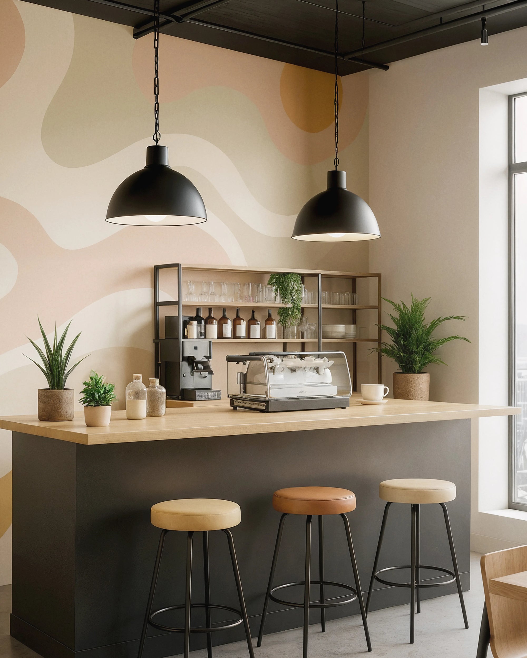 Modern coffee bar with bar stools and a colorful wallpaper in the background by Buffalo Bunny.