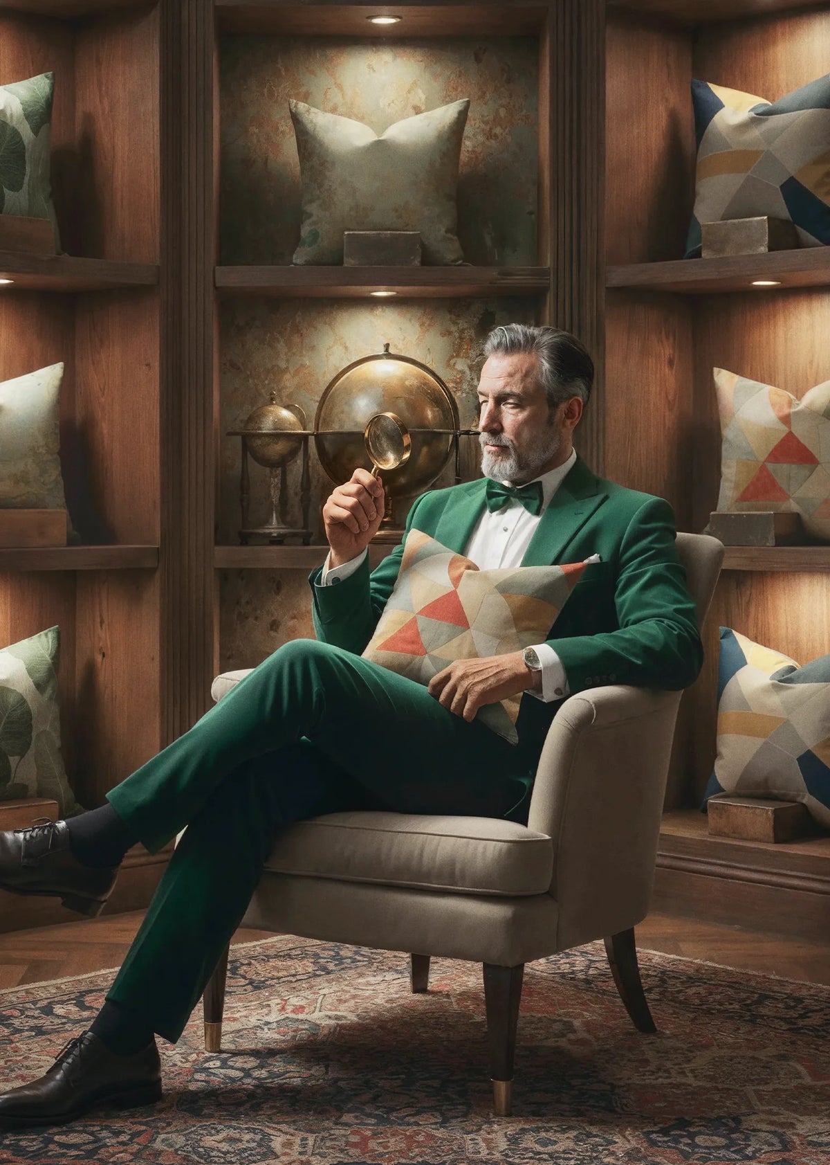 Man in a green suit sitting in a room with wooden shelves and decorative throw pillows by Buffalo Bunny.