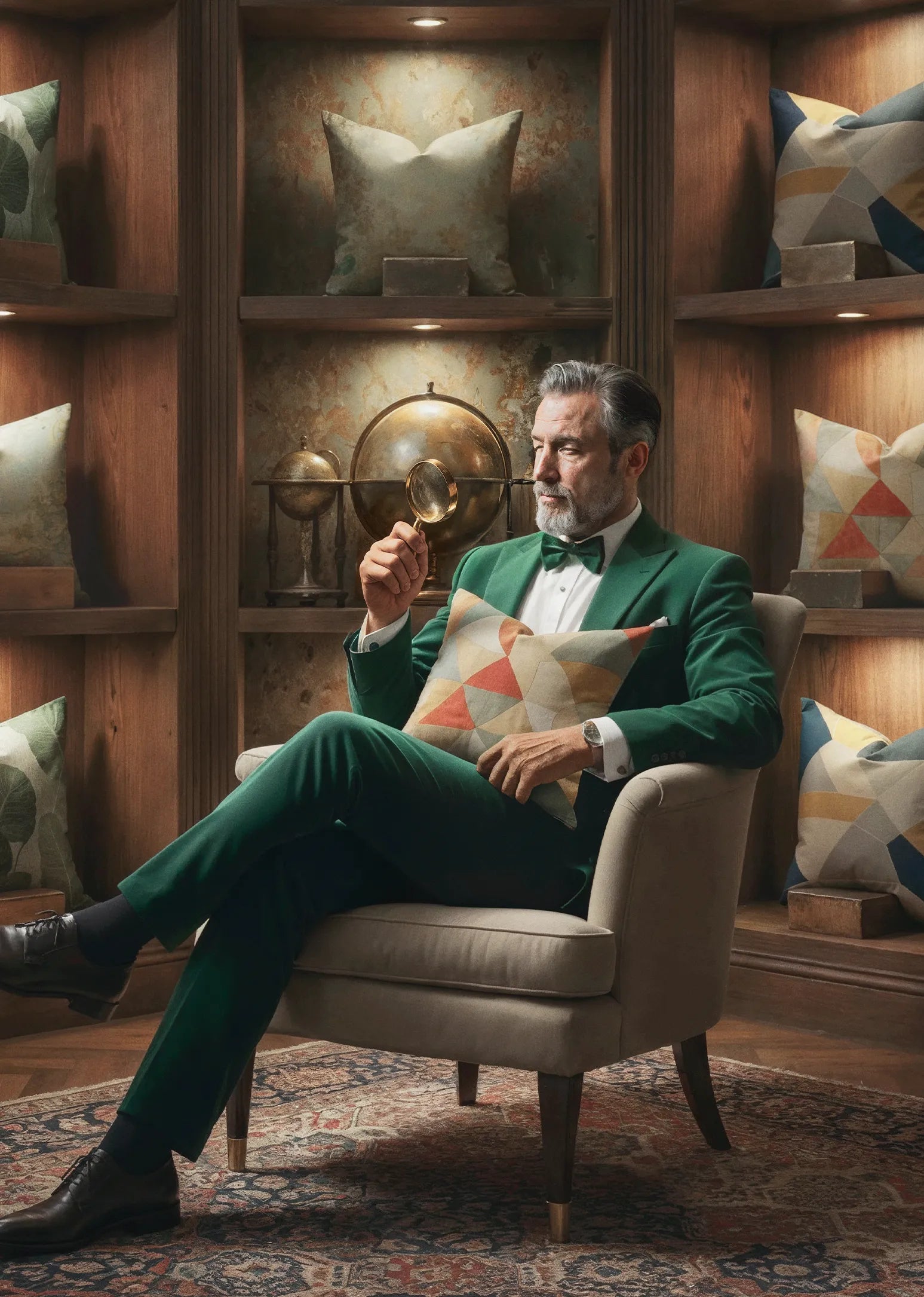Man in a green suit sitting in a room with wooden shelves and decorative throw pillows by Buffalo Bunny.