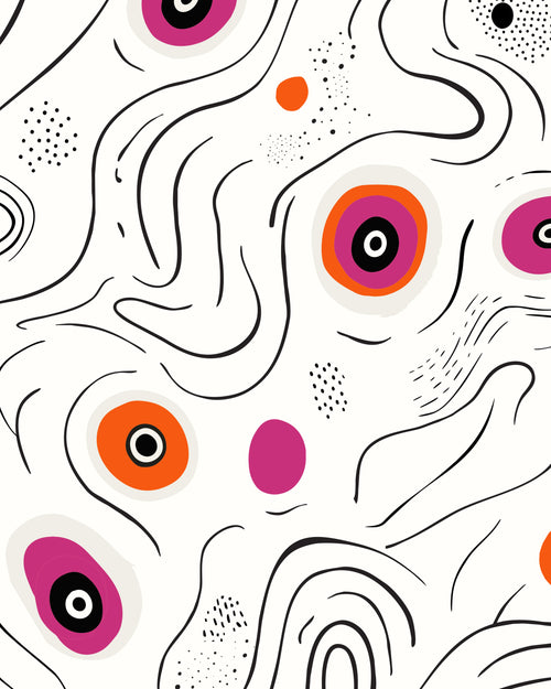 Abstract pattern with colorful circles and wavy lines on a white background