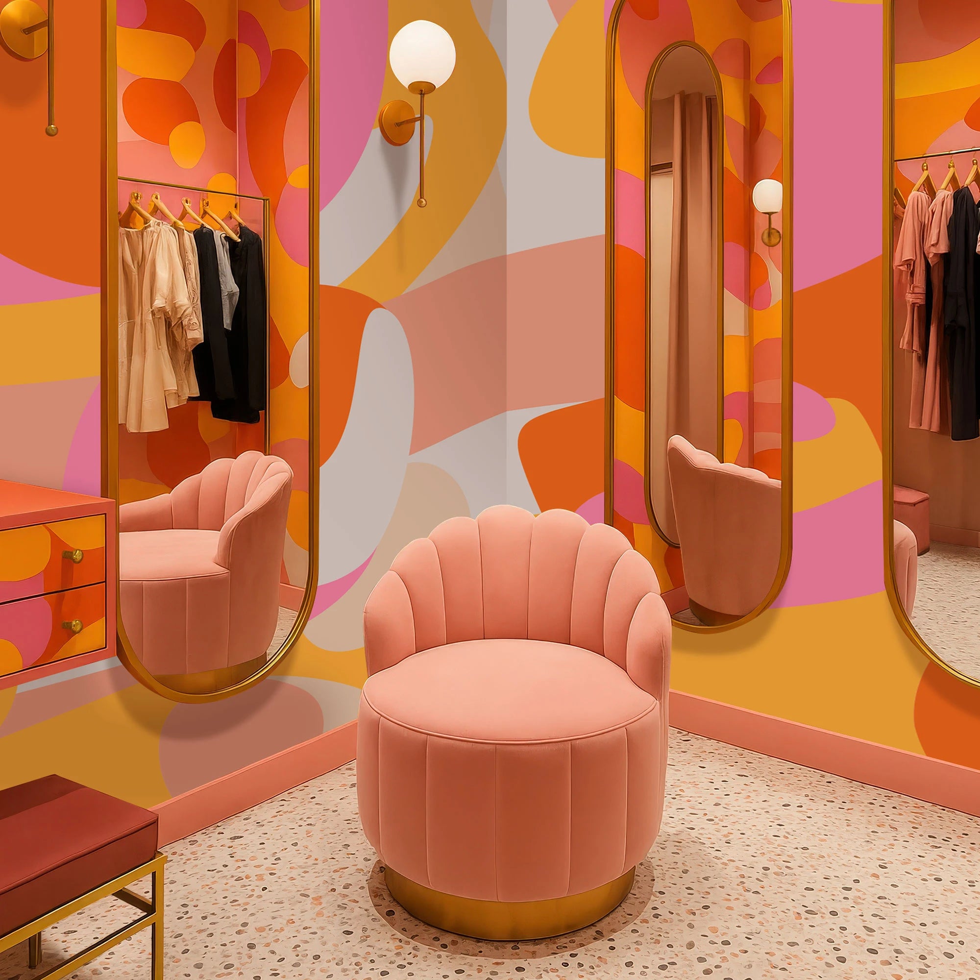 A dressing room with a pink chair and three tall mirrors, featuring wallpaper with an abstract organic pattern in orange, tan, pink, and yellow shapes
