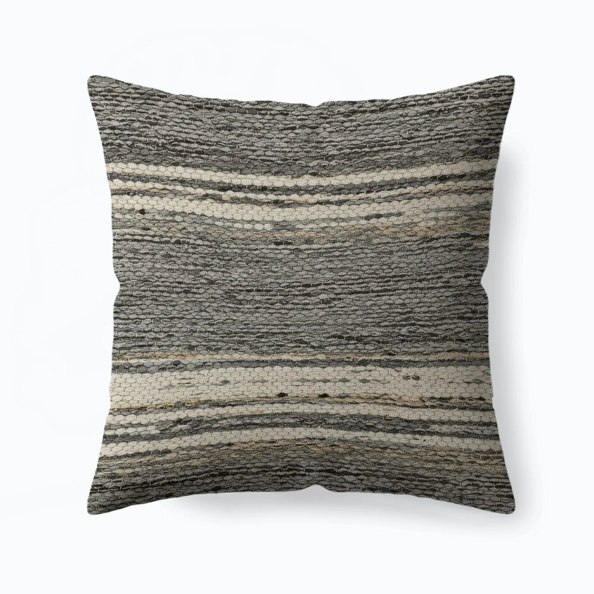 Textured throw pillow with earthy horizontal stripe pattern in muted beige, taupe, and olive tones.
