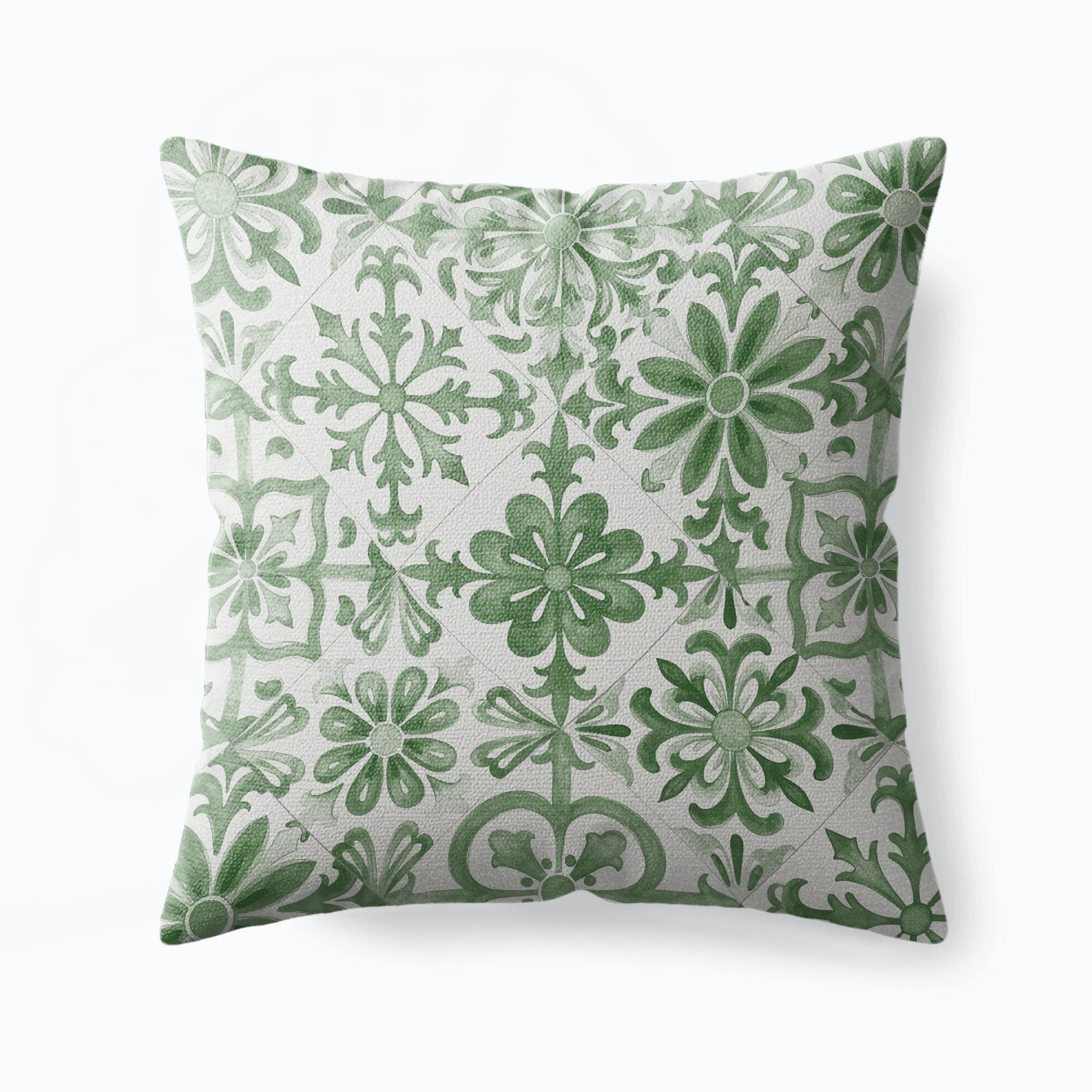 Square throw pillow featuring a vintage Mediterranean tile pattern in sage green and ivory, capturing the elegance of artisanal Italian ceramics style.