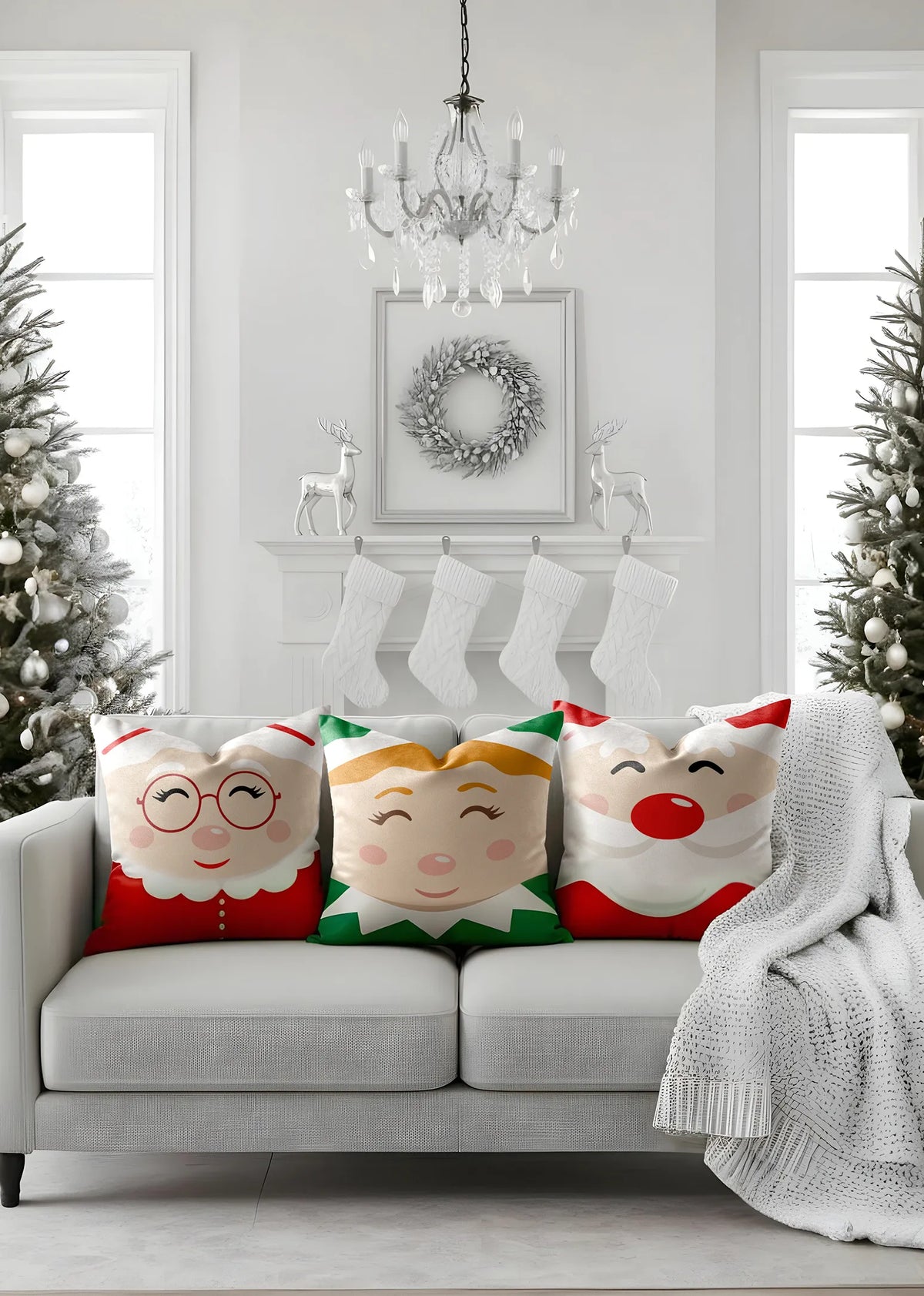 Living room with Christmas-themed cushions on a sofa, decorated with festive decor by Buffalo Bunny.