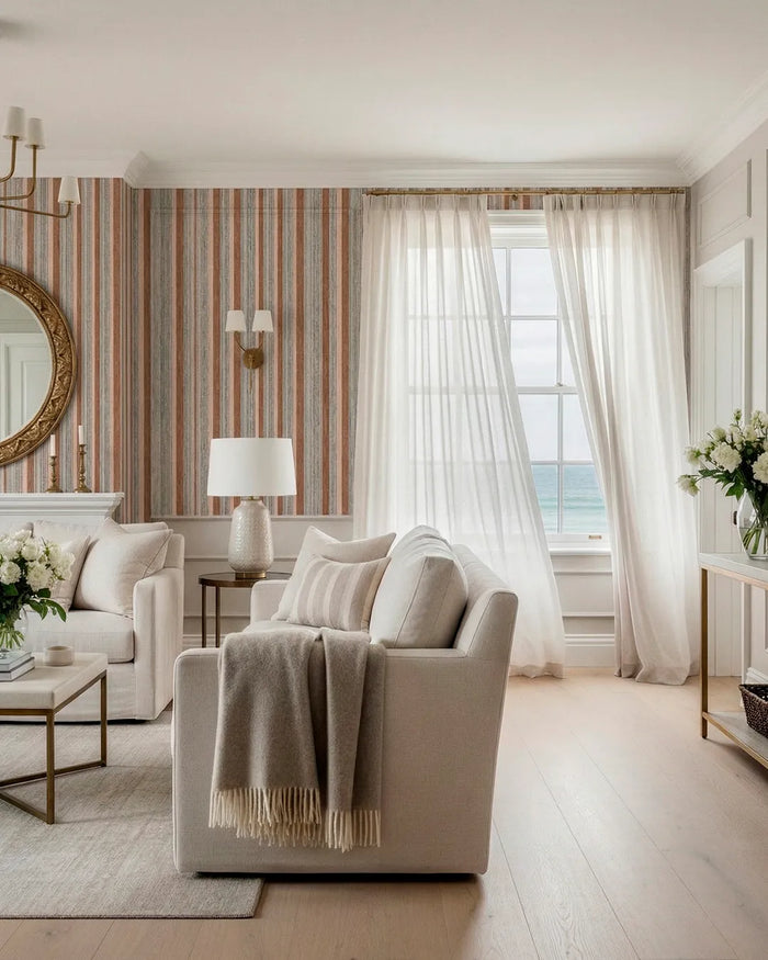 Living room with striped wallpaper, white furniture, and large windows. By Buffalo Bunny.