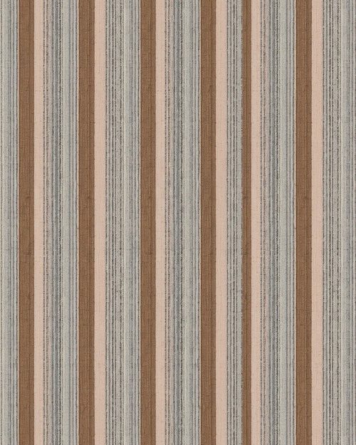 Textured fabric with vertical stripes in brown, beige, and gray. By Buffalo Bunny.
