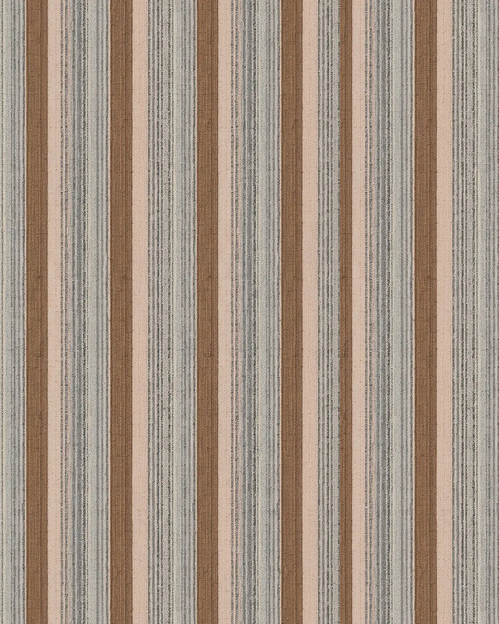 Textured fabric with vertical stripes in brown, beige, and gray. By Buffalo Bunny.