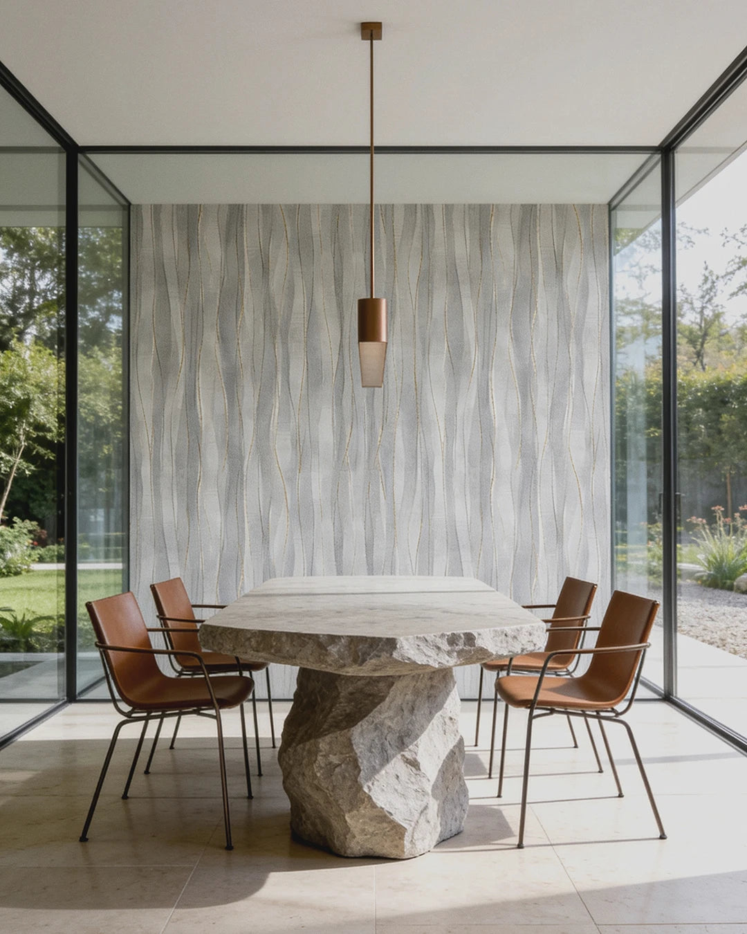 A modern dining room setup featuring a large rectangular stone table with a rough-hewn base, surrounded by four brown leather chairs with metal frames. The room is enclosed by floor-to-ceiling glass walls with black frames, showing greenery outside, and is illuminated by a central copper-toned pendant light. The back wall features the grey Soft Current Wallpaper.