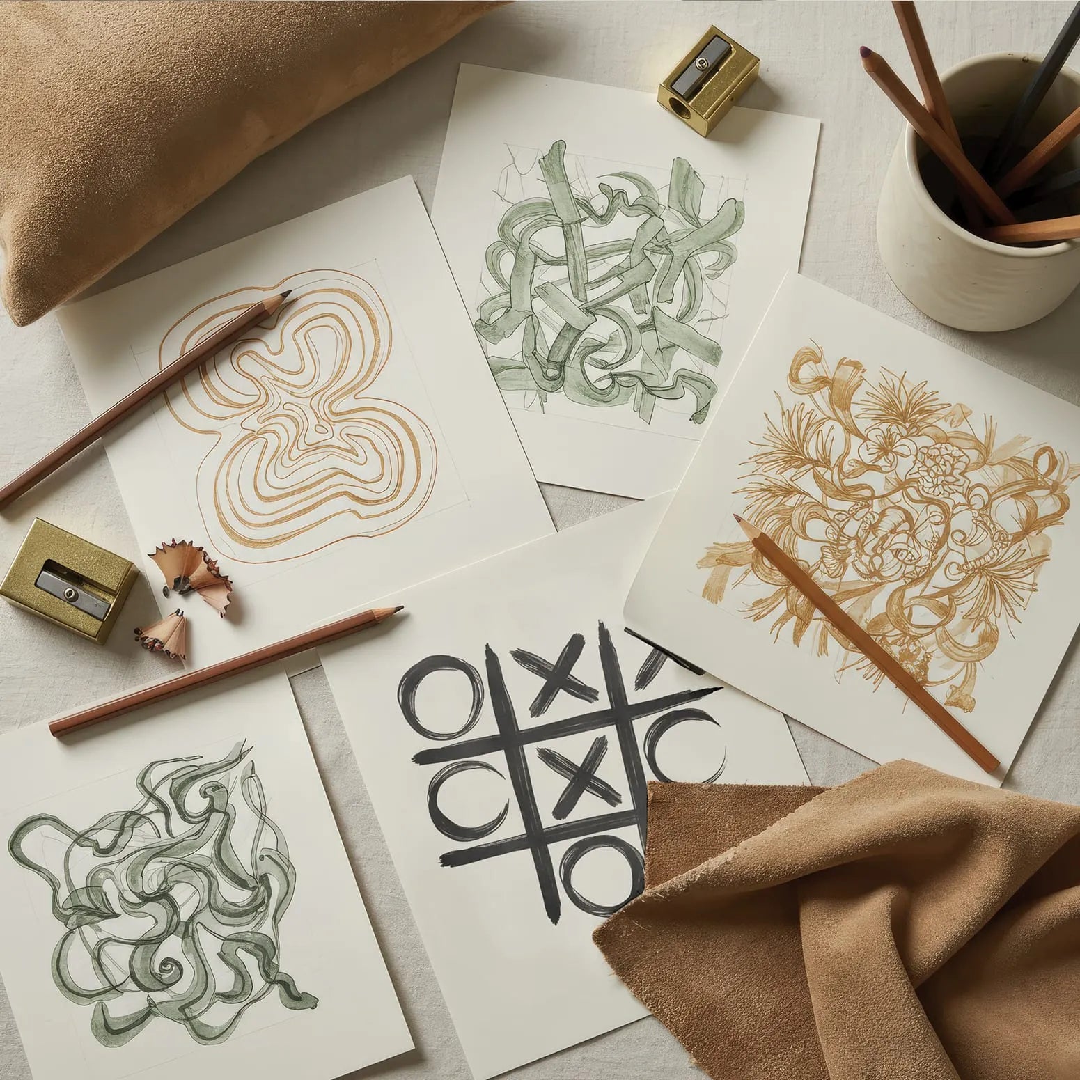 Artistic workspace with abstract and botanical sketches, pencils, sharpeners, and soft fabric on neutral surface.