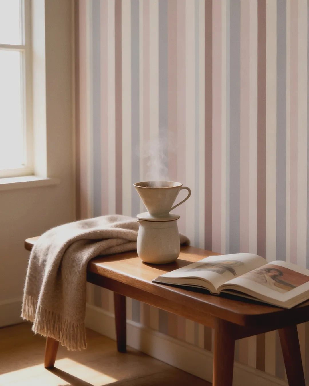 Soft Rhythm Stripe wallpaper behind a wood bench with steaming pour-over coffee and open book