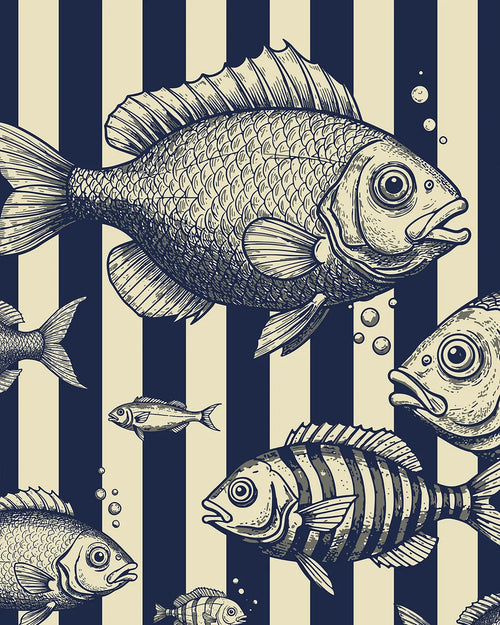 Illustration of fish on a striped navy and beige backgroundby Buffalo Bunny.