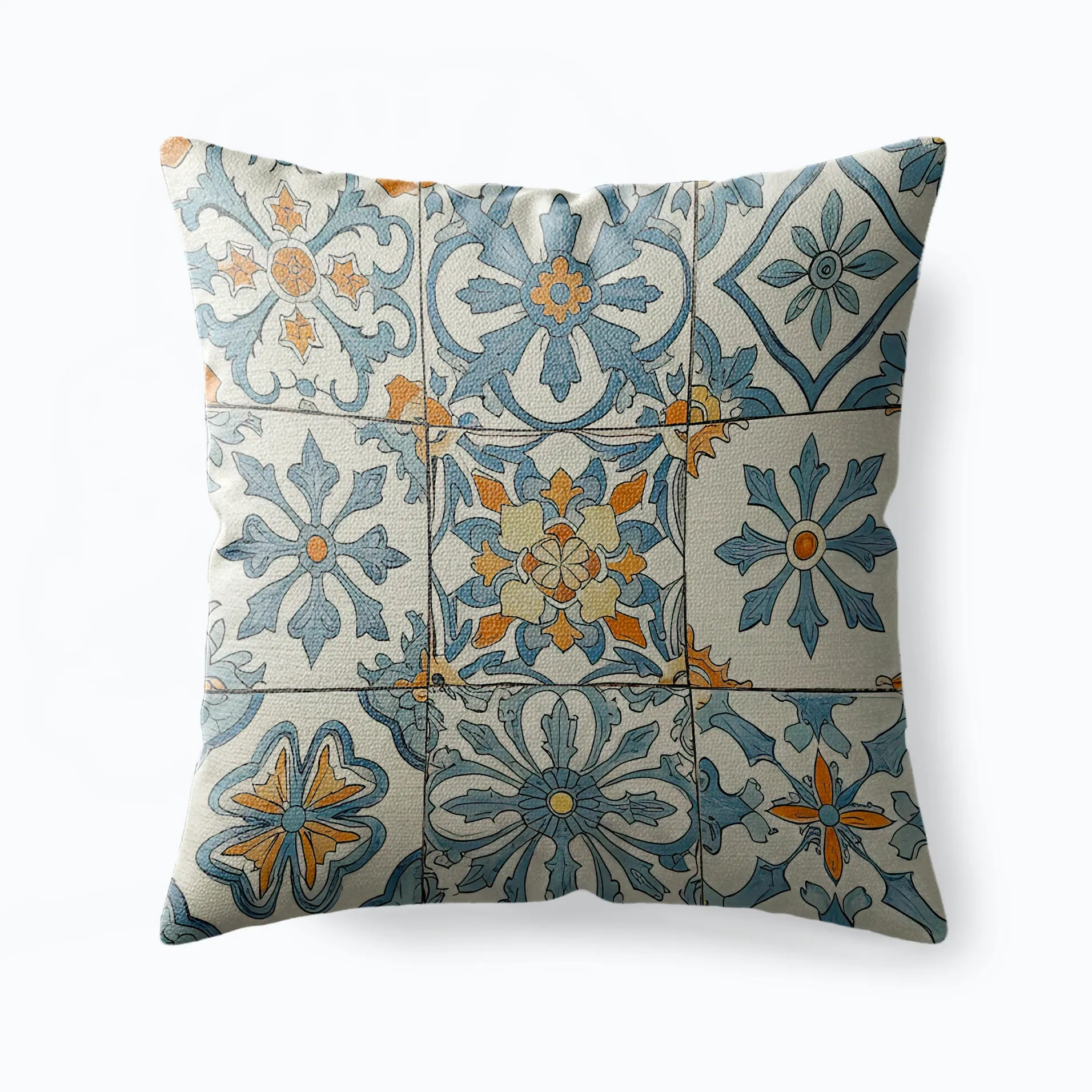 Square pillow with blue and ochre Mediterranean tile pattern