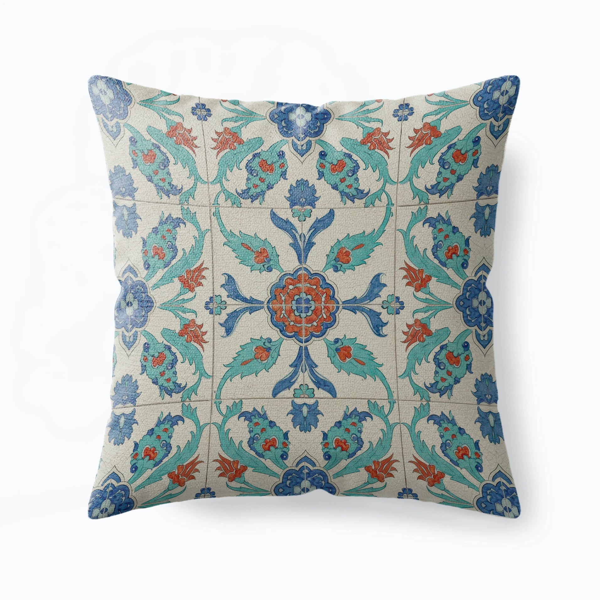 Square pillow with blue and ochre Mediterranean tile pattern