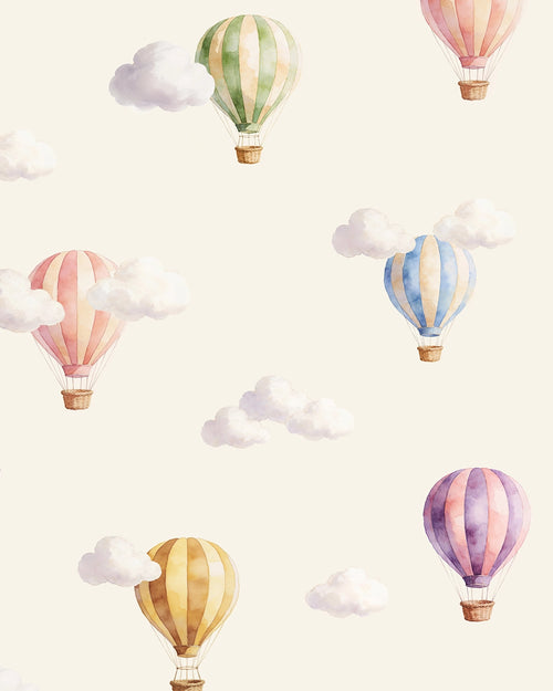 Up & Away wallpaper with watercolor hot air balloons in pastel green, pink, blue, yellow, and purple with soft clouds on cream